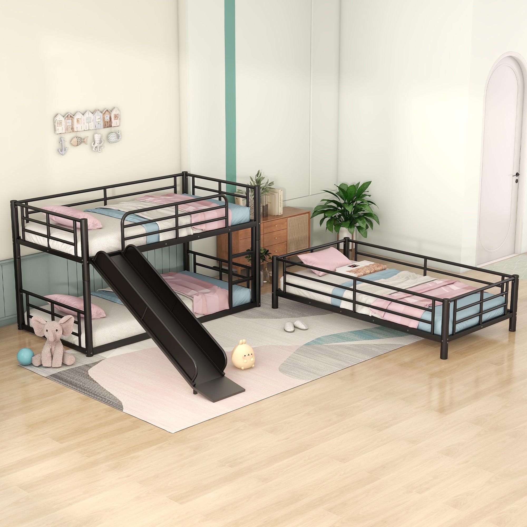 Twin Size Convertible Metal Bunk Bed with Ladders and Slide - Black