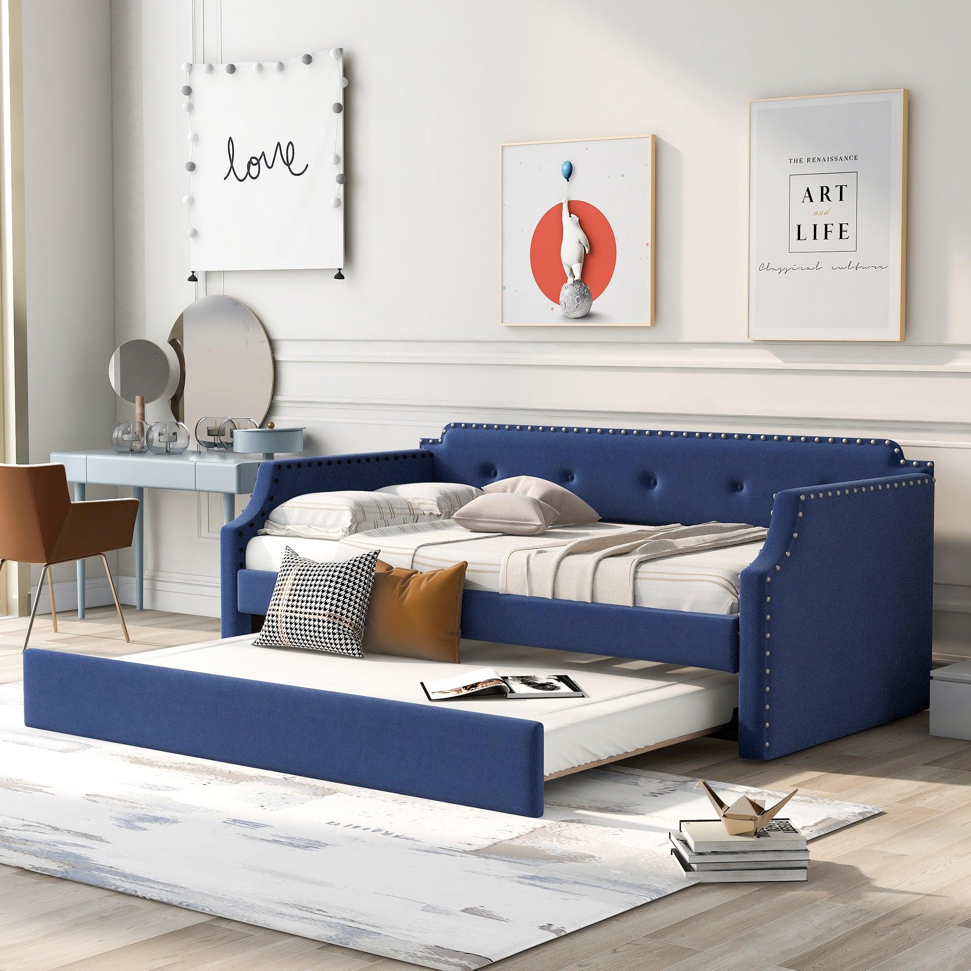 Upholstered Daybed with Trundle, Wood Slat Support,Upholstered Frame Sofa Bed , Twin,Blue image