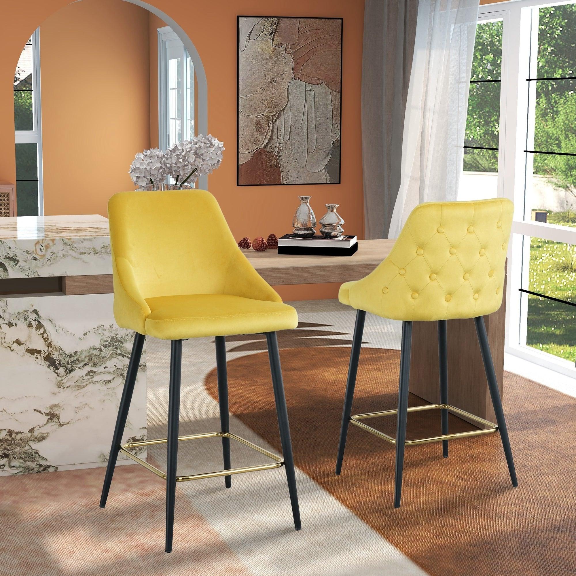 LuxuryModern Yellow Velvet Upholstered High Bar Stool Chair With Gold Legs(set of 2) image