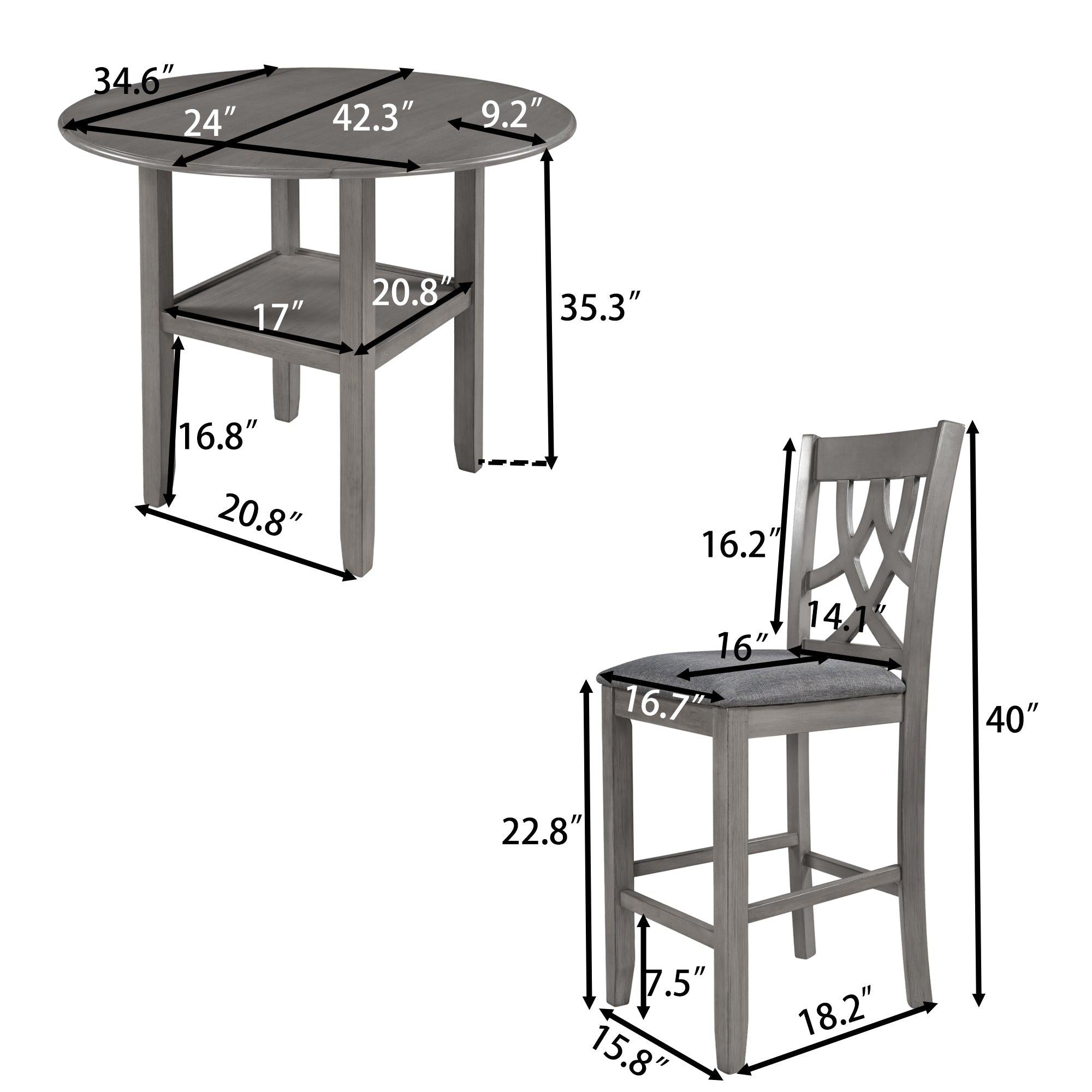 Farmhouse 3 Piece Round Counter Height Kitchen Dining Table Set with Drop Leaf Table, One Shelf and 2 Cross Back Padded Chairs for Small Places, Gray