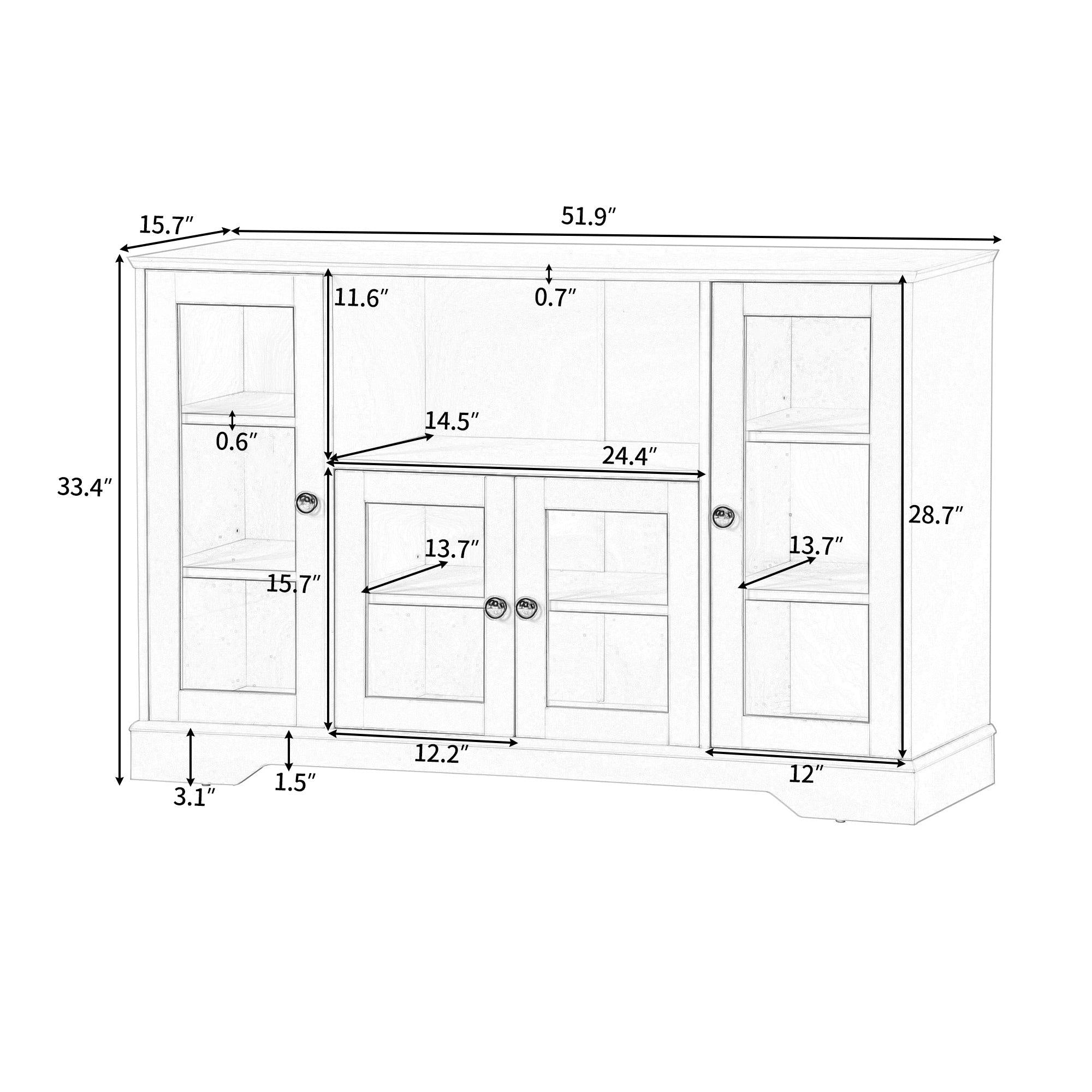 TV Stand for TV up to 60in with 4 Tempered Glass Doors Adjustable Panels Open Style Cabinet, Sideboard for Living room, White