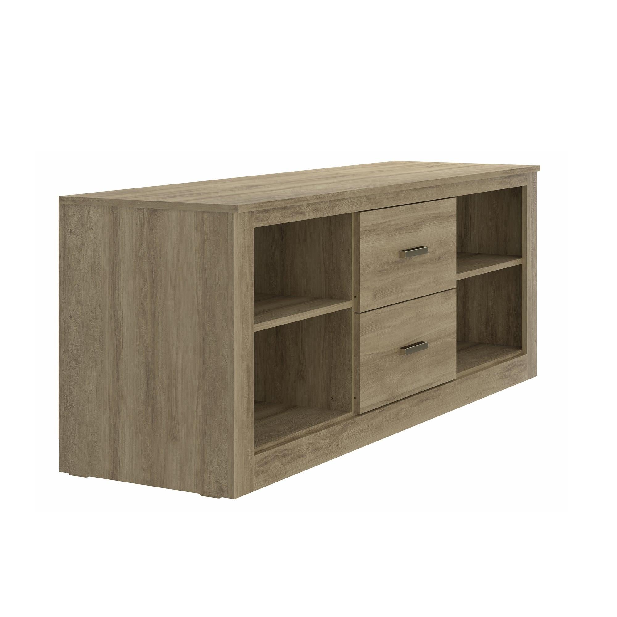 59 Inch Wooden TV Stand with 2 Drawers and 4 Open Compartments, Oak Brown