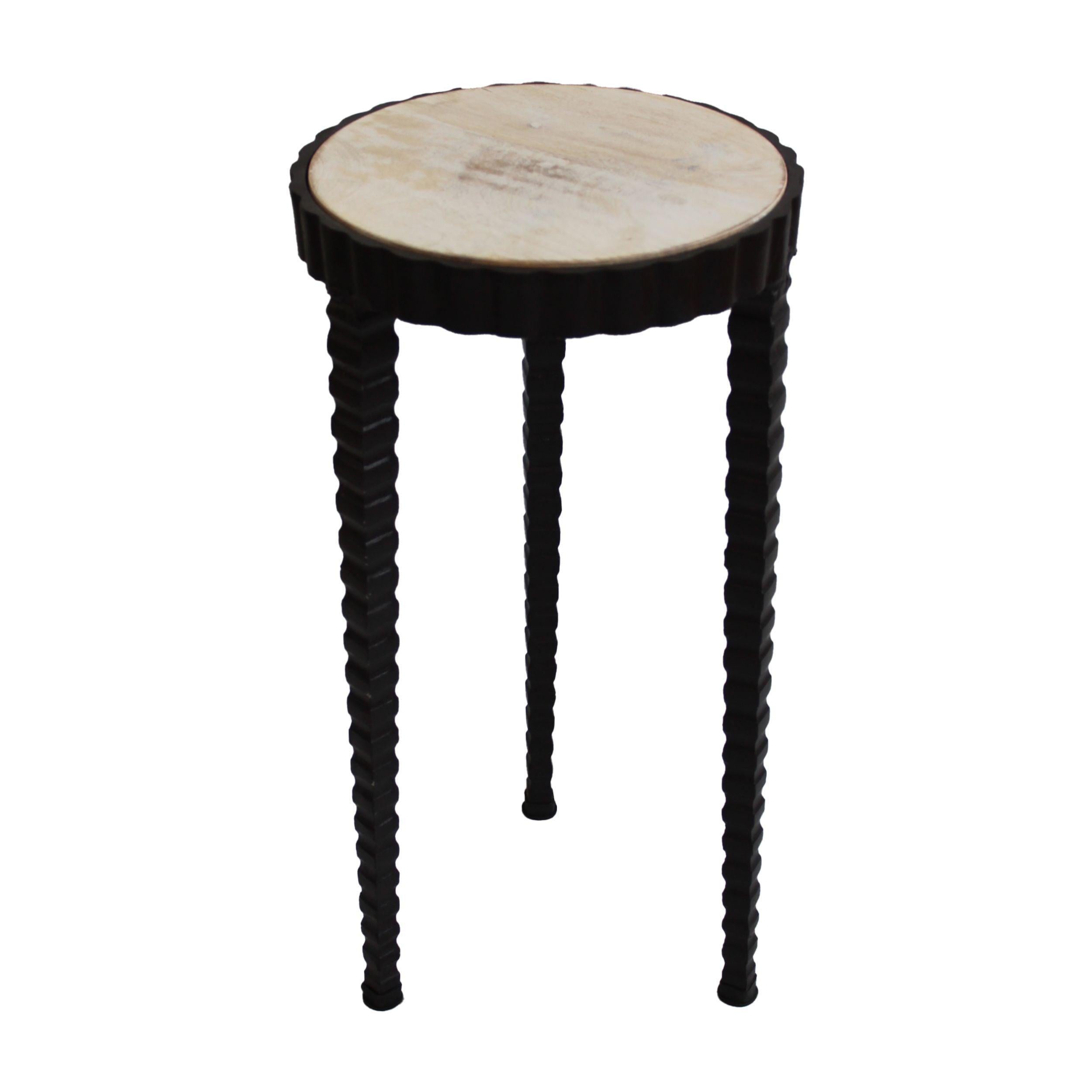 22 Inch Round Wooden Side Table with Tapered Tripod Base, Brown and Black