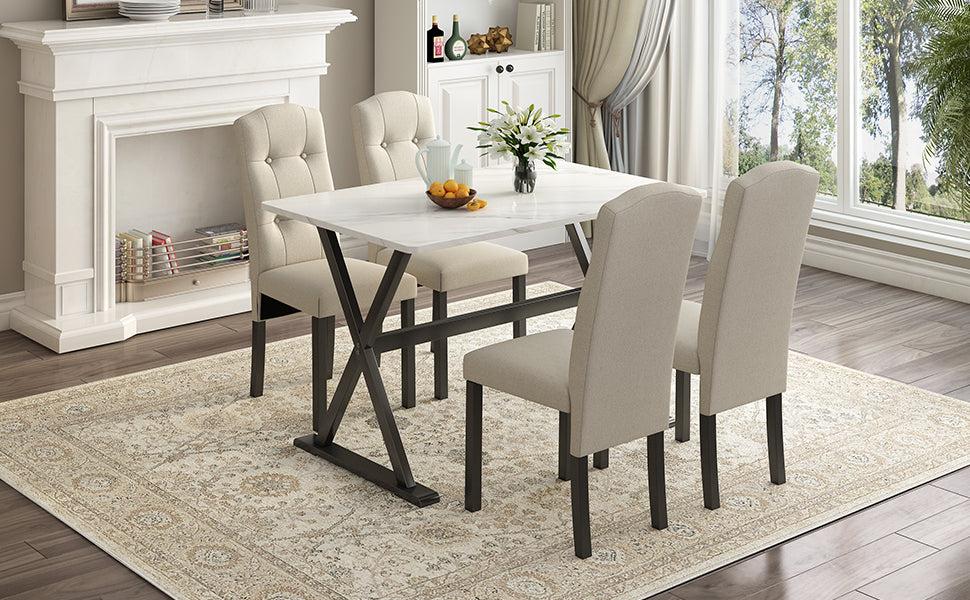 Solid Wood 5-Piece Dining Table Set with Faux Marble Tabletop and Upholstered Dining Chairs for 4, Faux Marble White+Beige