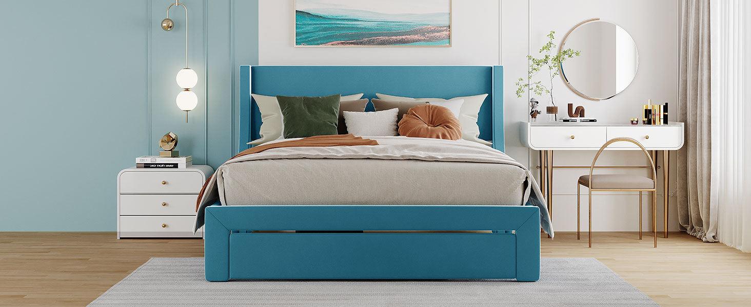 Queen SizeStorage Bed Velvet Upholstered Platform Bed with a Big Drawer - Blue