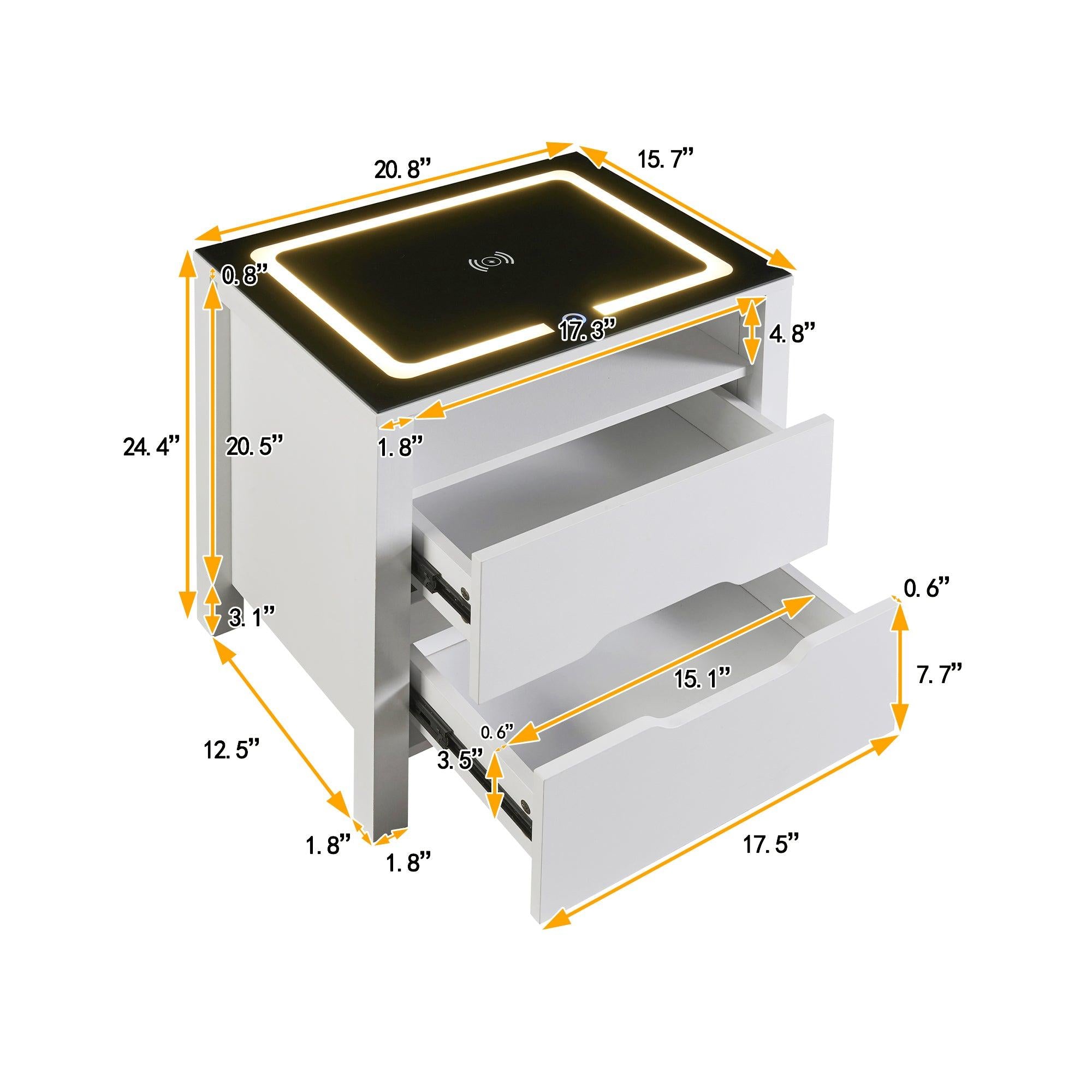 MultifunctionalStorage Nightstand with 2 Drawers and an open shelf, Wireless Charging with adjustable LED, White