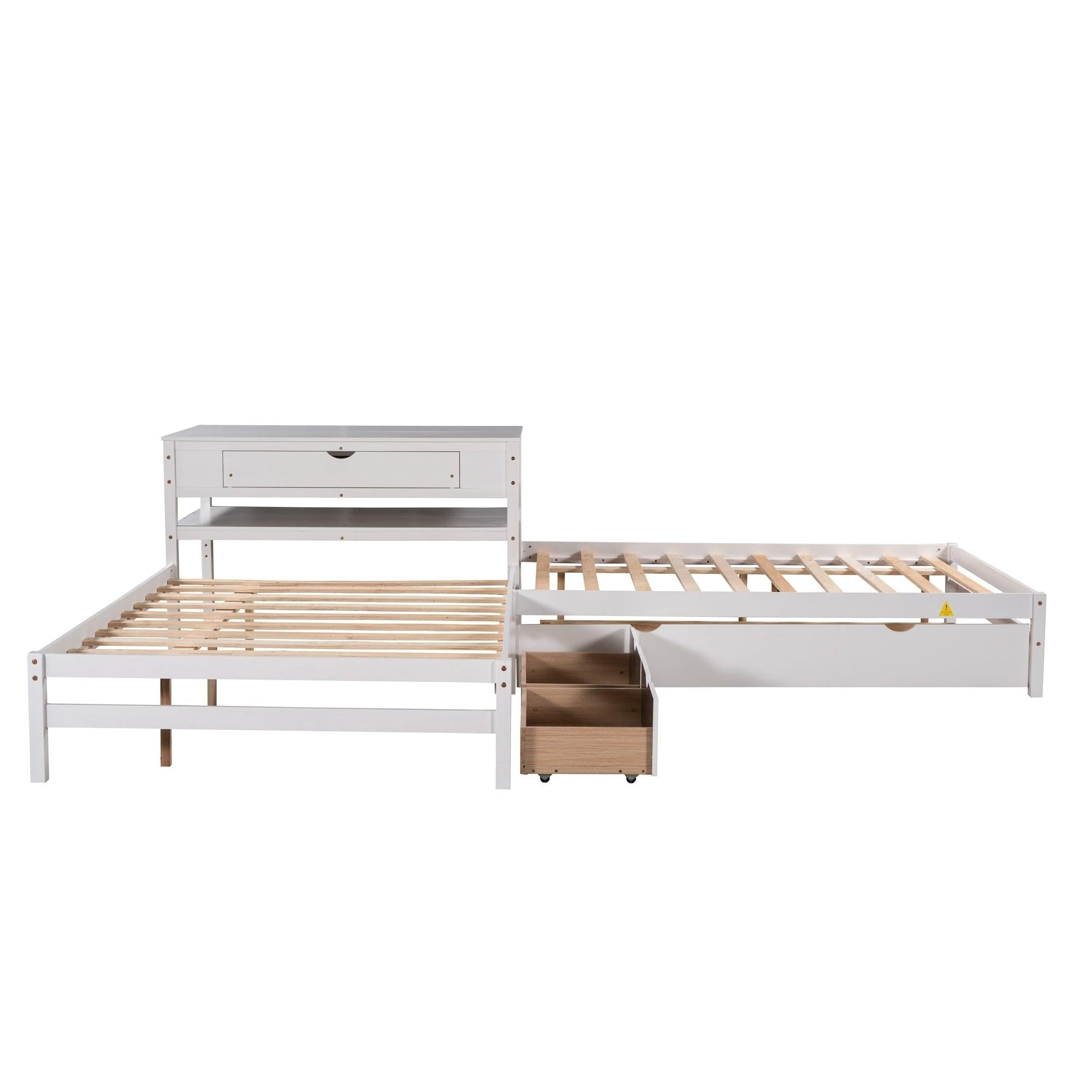 Full Size L-shaped Platform Beds with Twin Size Trundle and Drawers Linked with Built-in Rectangle Table,White