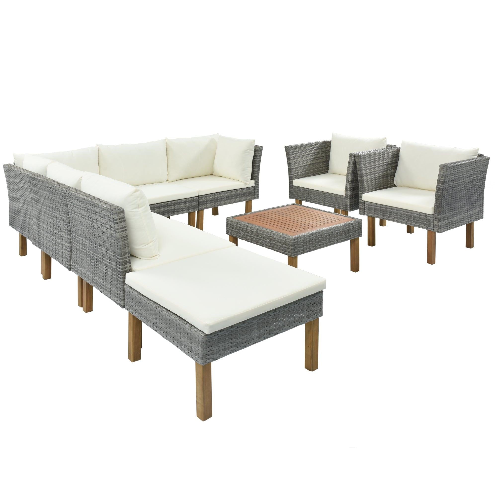 9-Piece Outdoor Patio Garden Wicker Sofa Set, Gray PE Rattan Sofa Set, with Wood Legs, Acacia Wood Tabletop, Armrest Chairs with Beige Cushions