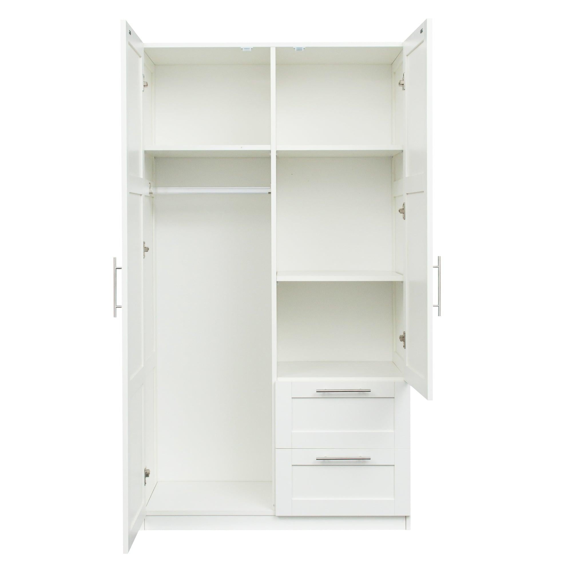 High wardrobe and kitchen cabinet with 2 doors, 2 drawers and 5Storage spaces,white