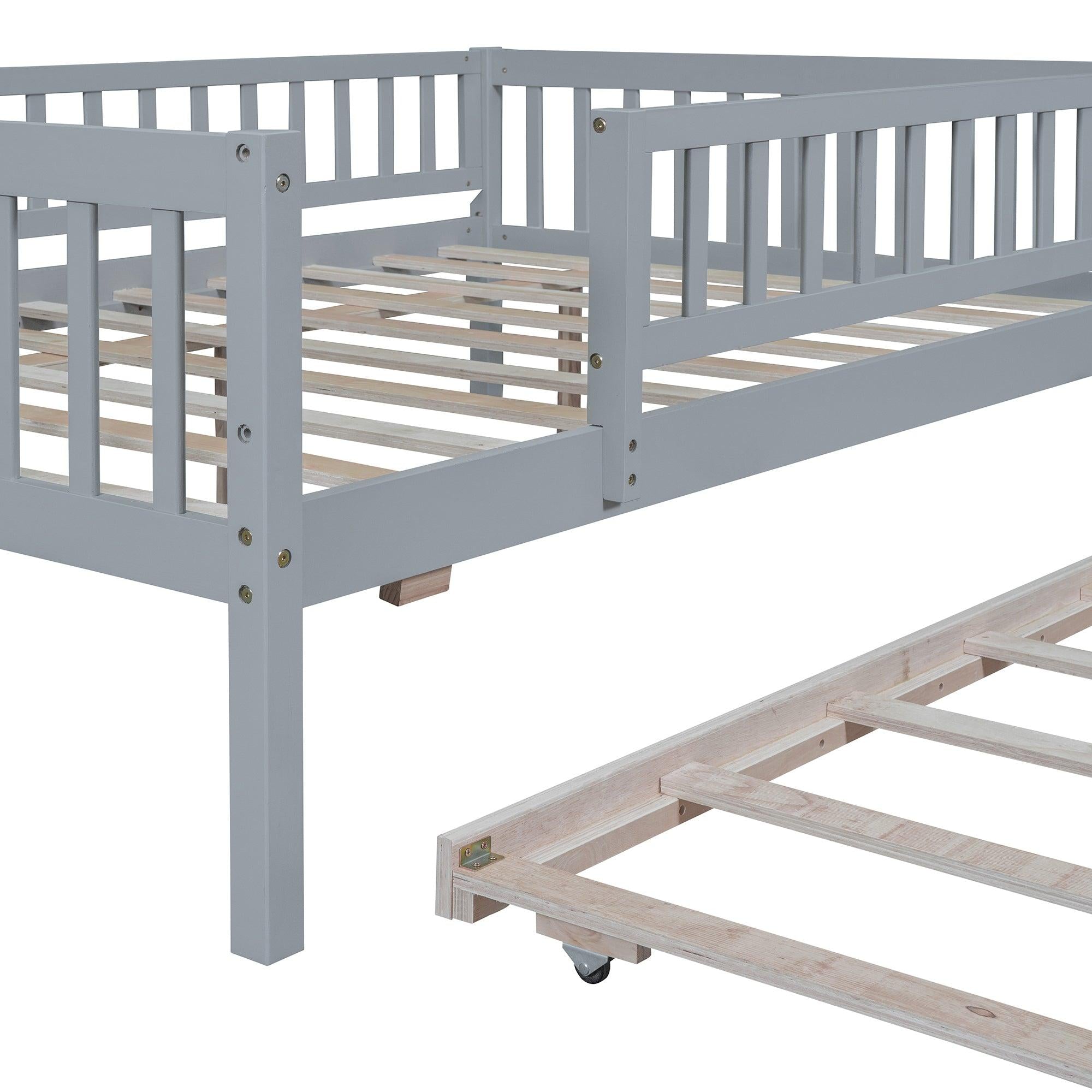 Full Size Wood Daybed with Trundle and Fence Guardrails, Gray