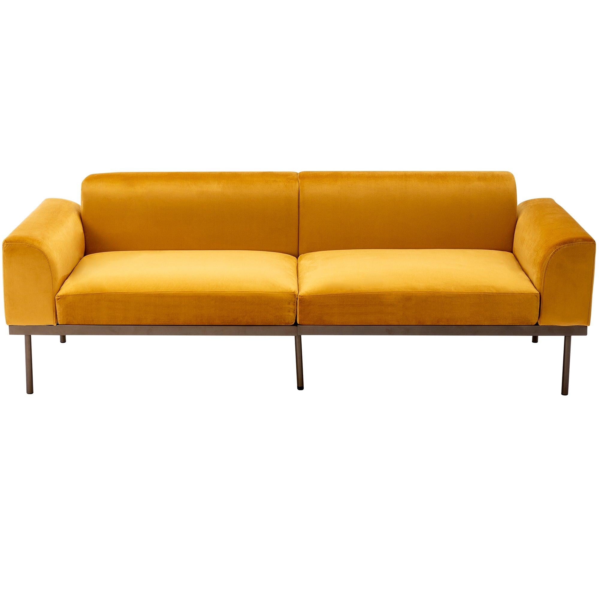 Modern Velvet Sofa with Metal Legs,Loveseat Sofa Couch with Two Pillows for Living Room and Bedroom, Mustard