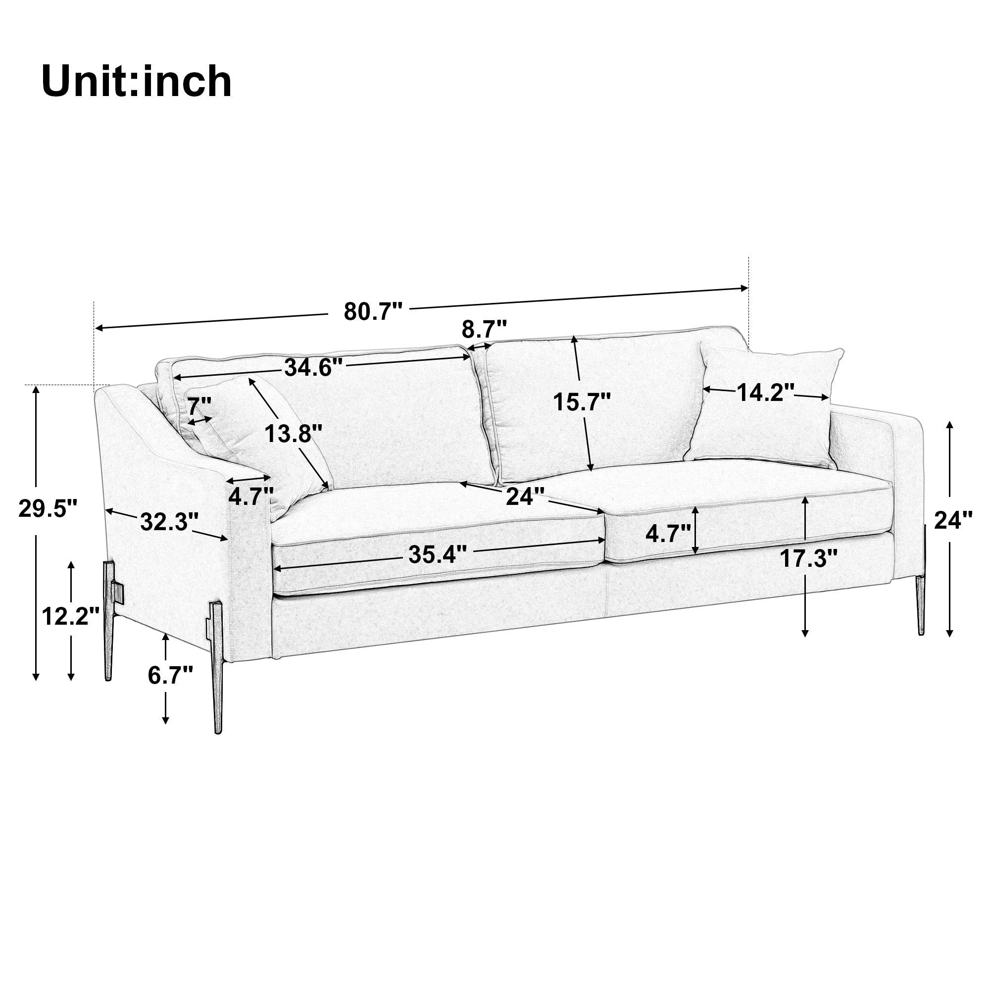 UpholsteredModern Loveseat with Metal Legs – Durable with 2 Pillows, 2-3 People Seat Capacity