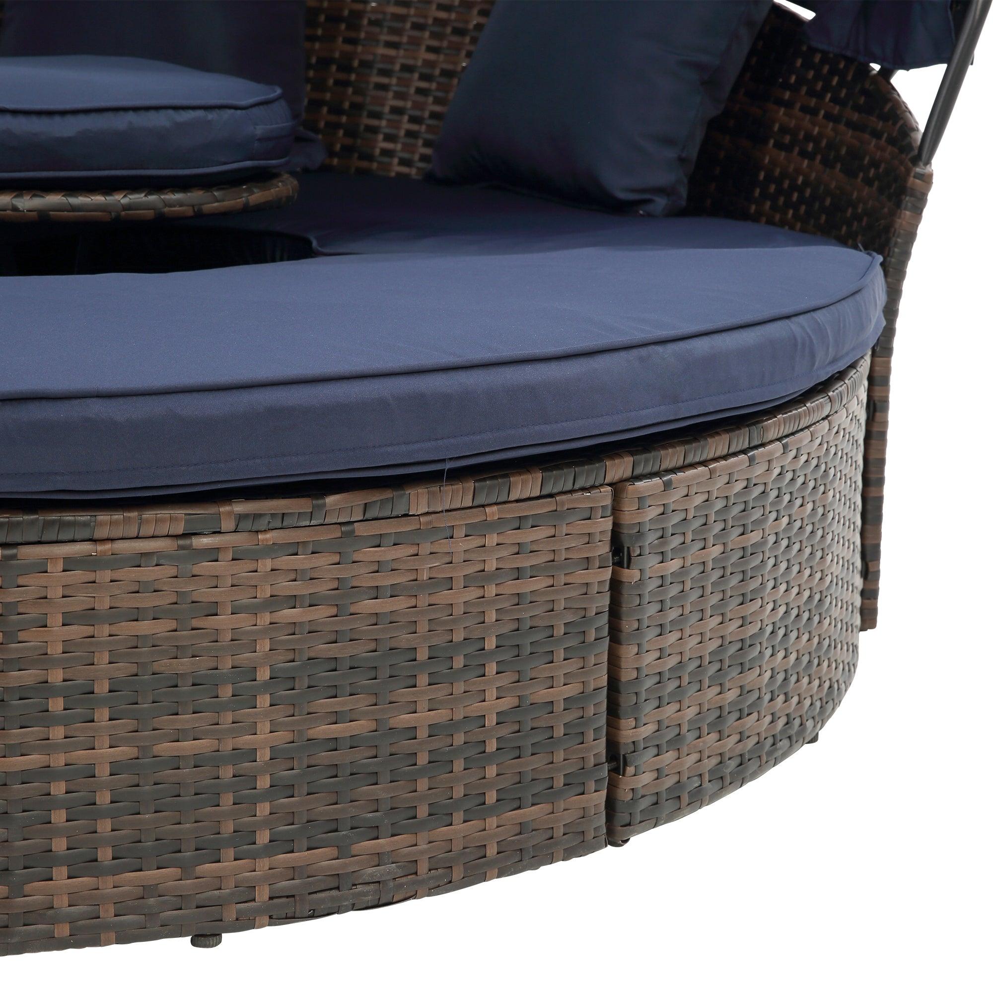 Rattan Round Lounge With Canopy Bali Canopy Bed Outdoor, Wicker Outdoor Sofa Bed with lift coffee table