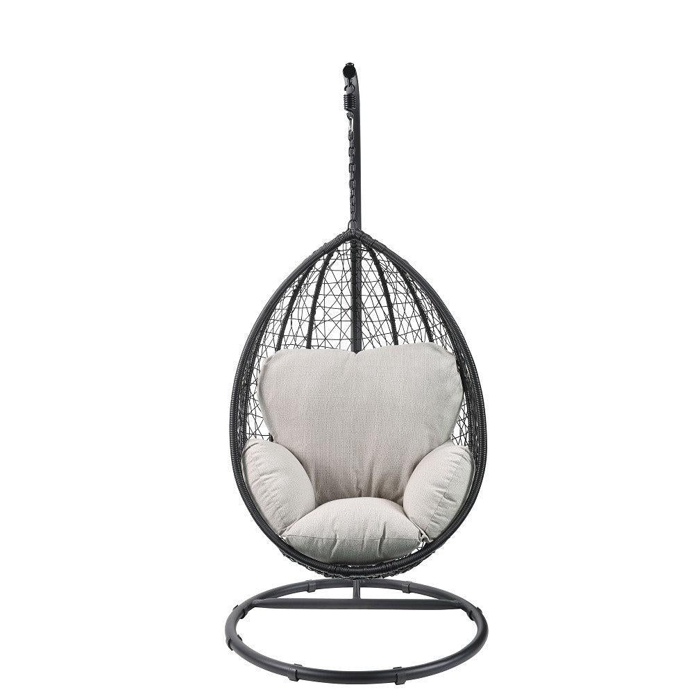 ACME Simona Patio Swing Chair with Stand in Beige Fabric & Black Wicker 45030