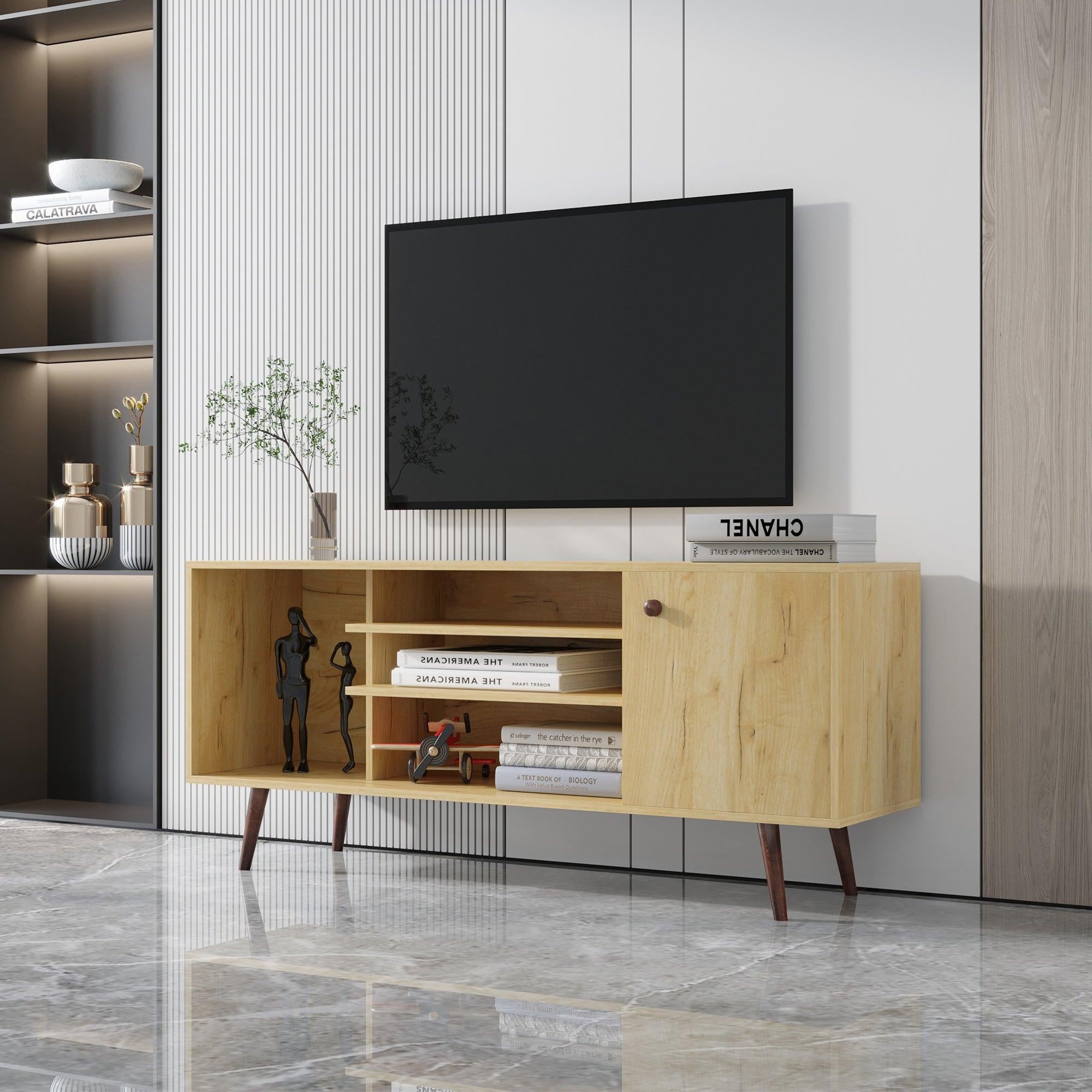 Mid-Century TV Stand for TVs up to 60 Inches, Entertainment Center with OpenStorage Shelves & Cabinet,Modern TV Console for Living Room, Rustic Oak.