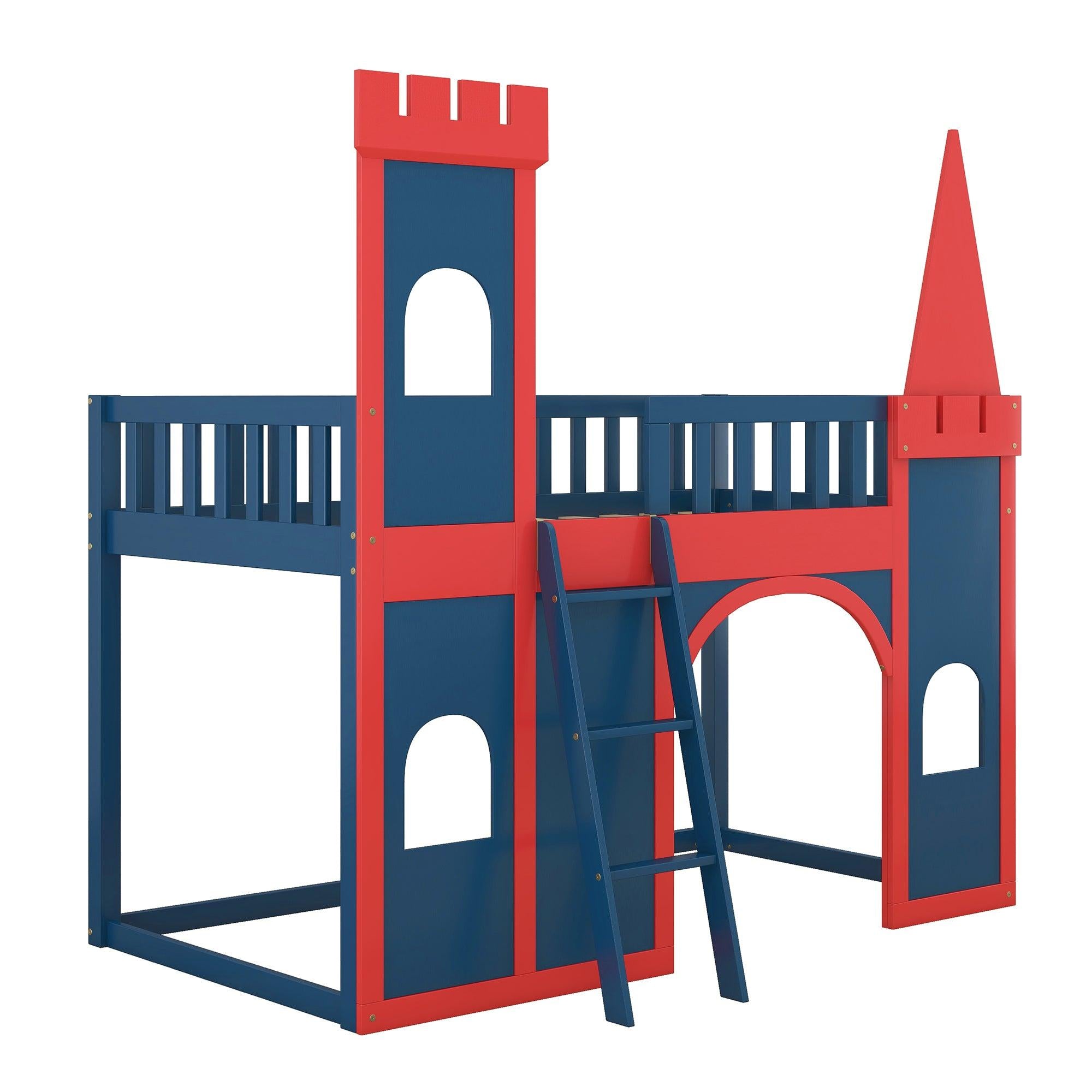 Twin Size Castle Shaped Loft Bed with UnderbedStorage Space,Red