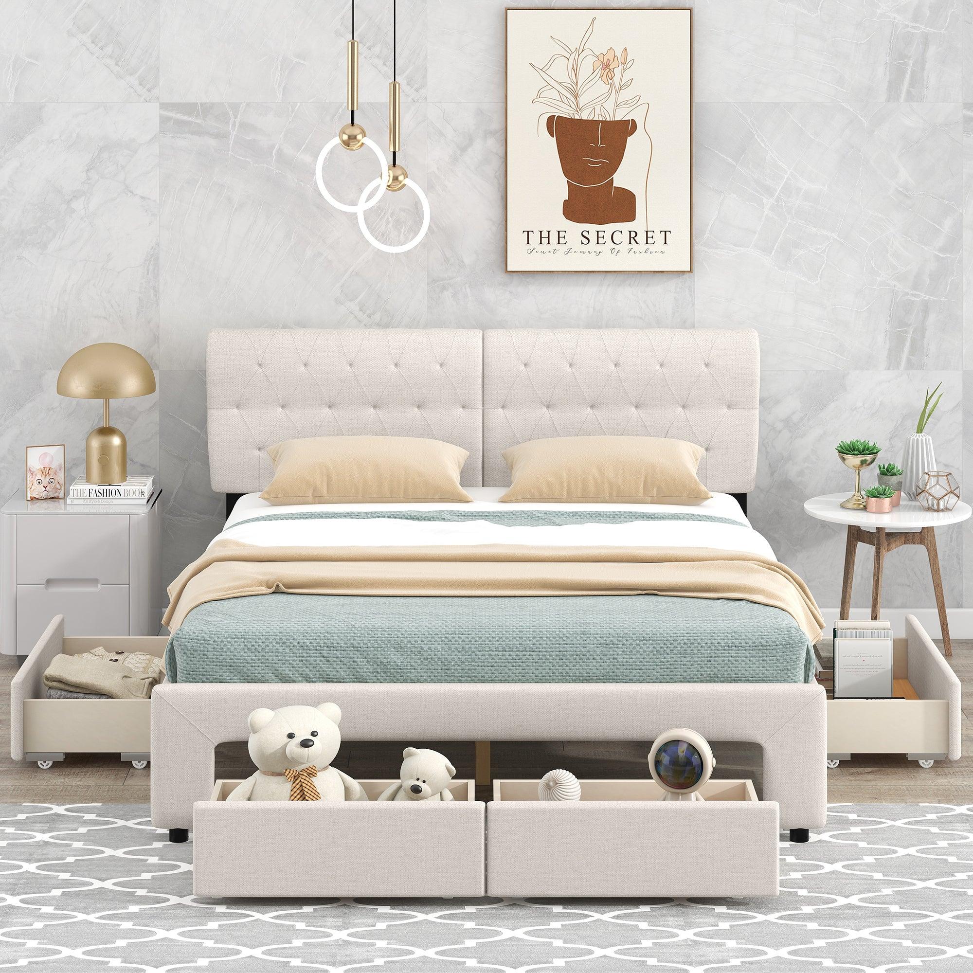 Queen Size Upholstery Platform Bed with Four Drawers,Beige