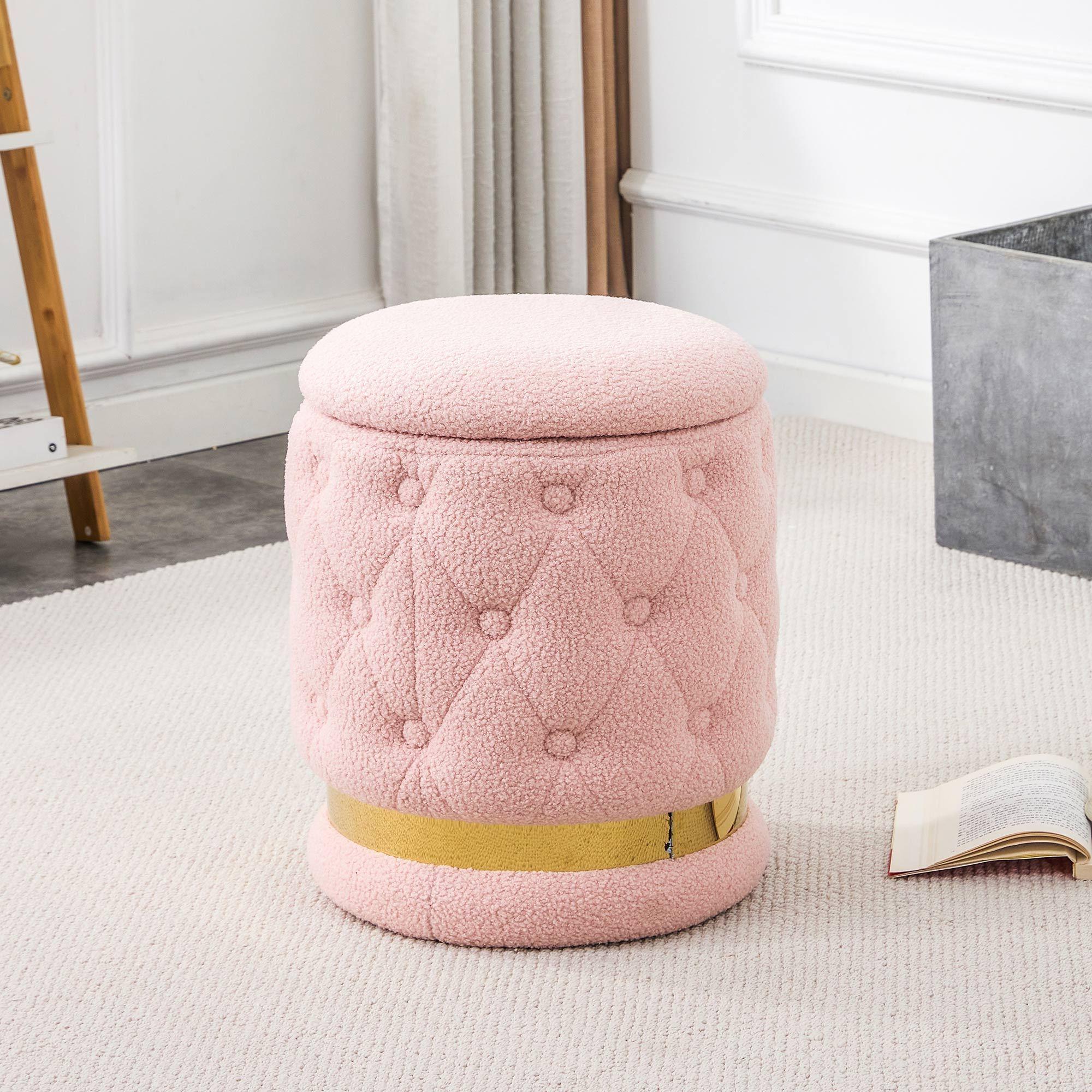 Chair Pink Round-shape Teddy velvet Makeup Stool Footstool, chair withStorage space .Applicable to living room dresser kitchen bedroom dining room image