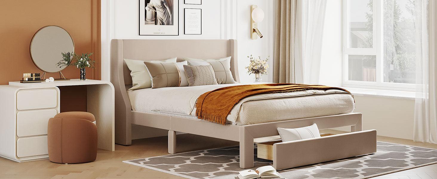 Queen SizeStorage Bed Velvet Upholstered Platform Bed with a Big Drawer - Beige