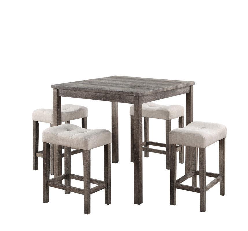 Lucian Brown 5 Piece Counter Height 36" Pub Table Set with Tufted Creamy White Linen Stools