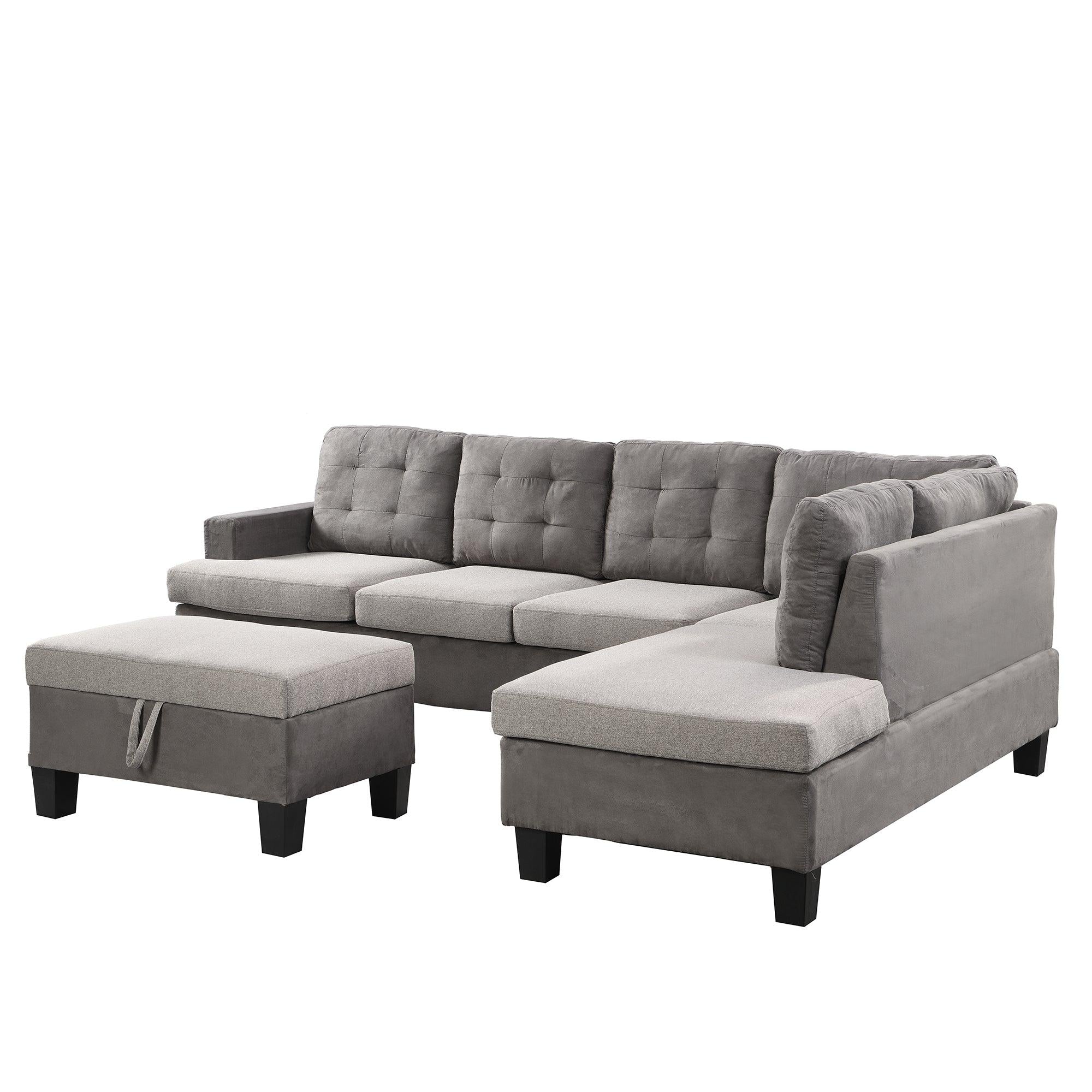 Sofa Set  for Living Room with Chaise Lounge andStorage Ottoman Living Room Furniture  Gray