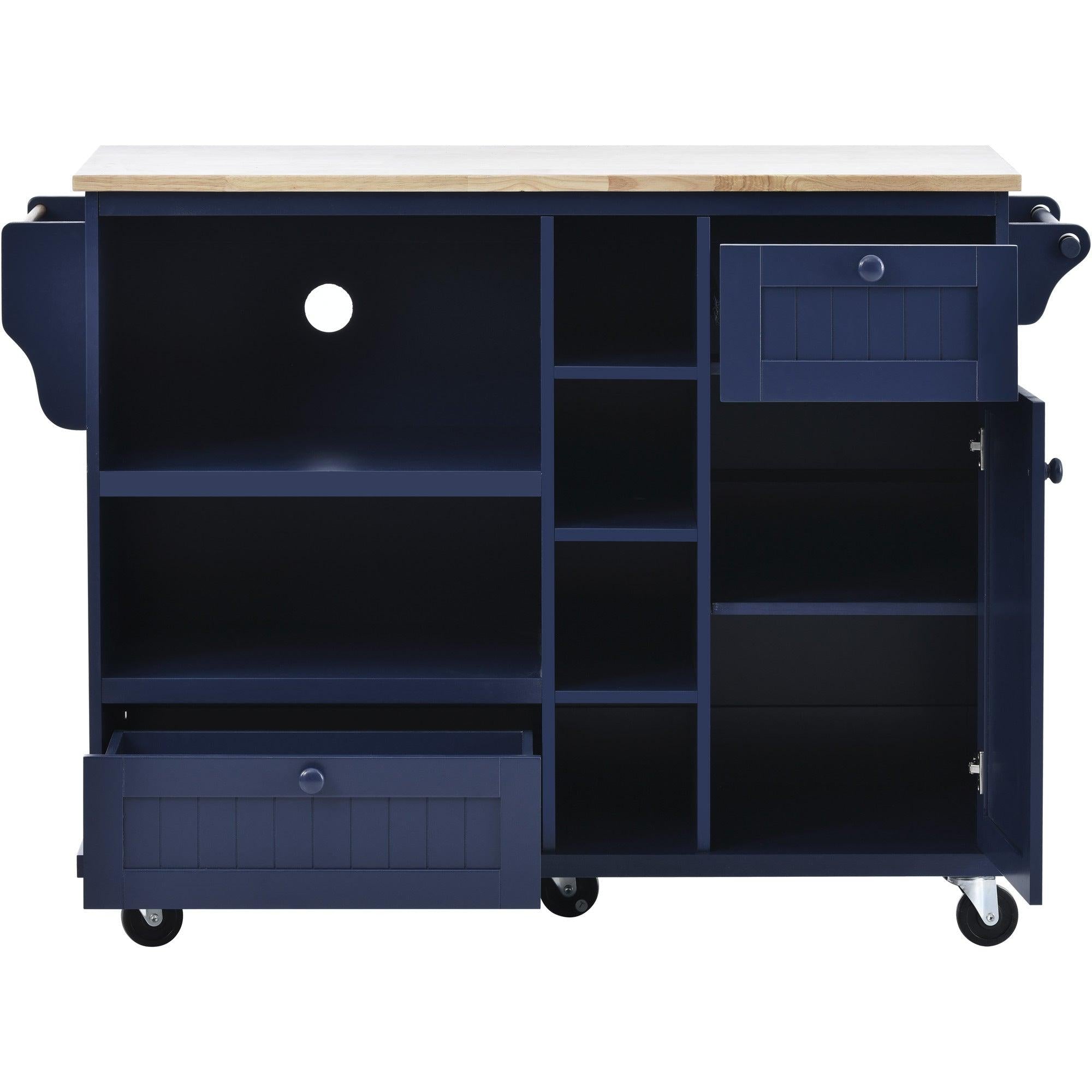 Kitchen Island Cart withStorage Cabinet and Two Locking Wheels,Solid wood desktop,Microwave cabinet,Floor Standing Buffet Server Sideboard for Kitchen Room,Dining Room,, Bathroom（Dark blue）