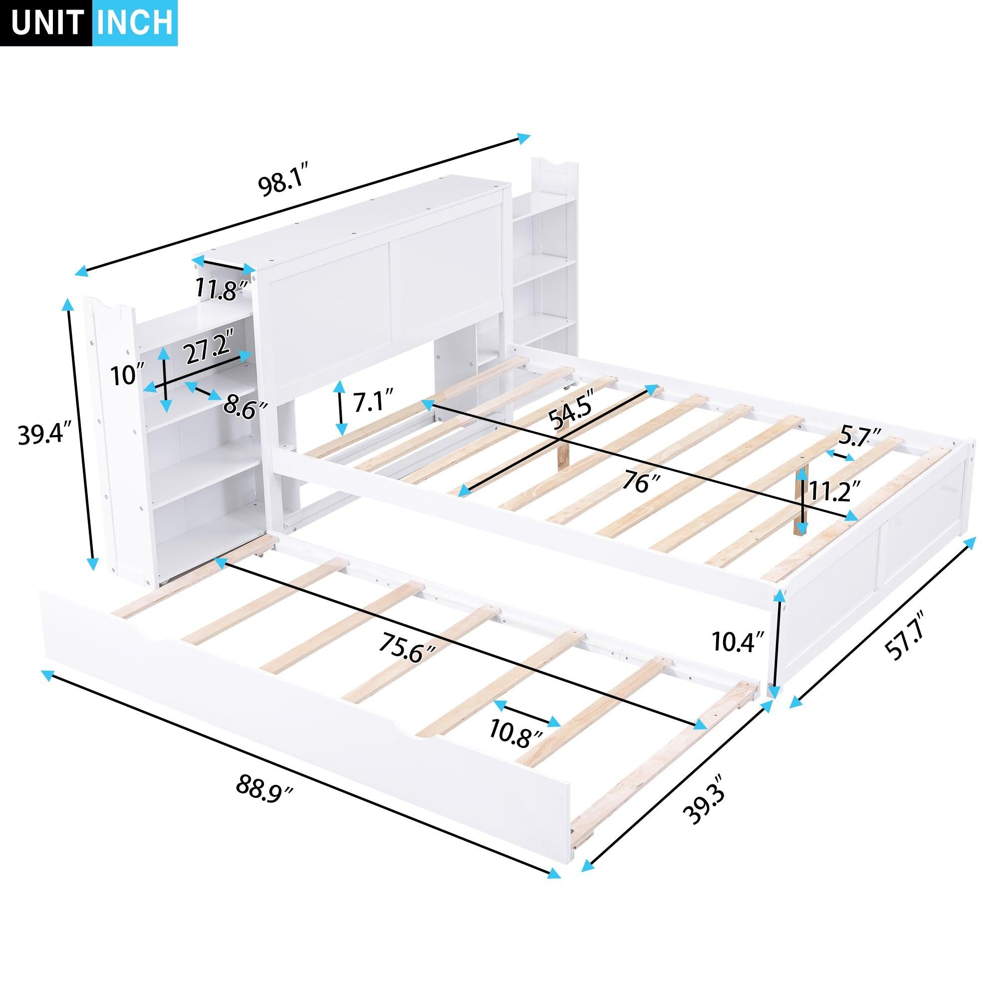 Full SizeStorage Platform Bed with Pull Out Shelves and Twin Size Trundle, White