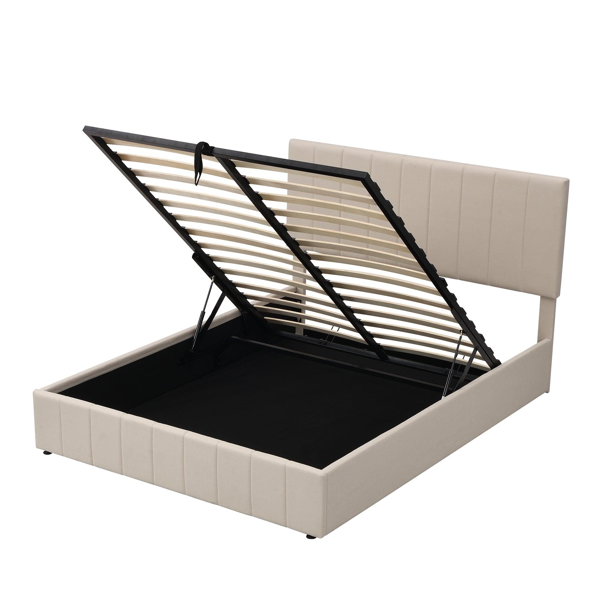 Queen size Upholstered Platform bed with a HydraulicStorage System - Beige