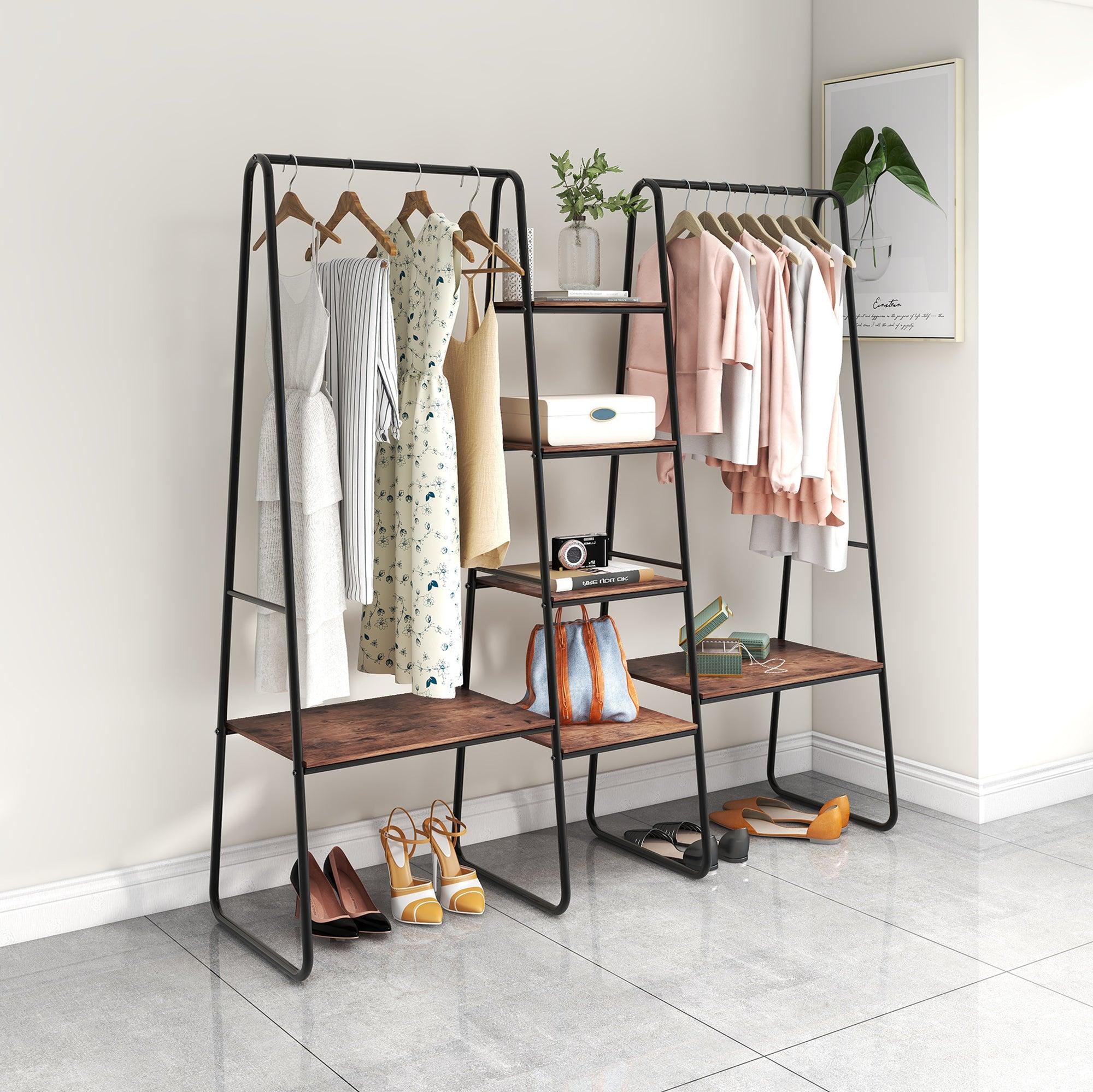 Metal Clothing Rack Garment ,Clothing Rack with 6 Shelves, 4 -Tiers Wood Shelves Heavy Duty Clothes Rack  for Hanging Clothes,Standing Coat Rack,Bedroom ClothesStorage and Organizer,Black