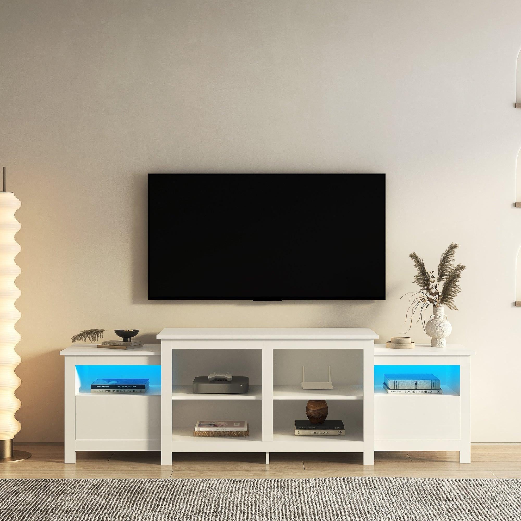 Modern  white TV Stand for 75 inch TV , 16 Colors LED TV Stand w/Remote Control Lights image