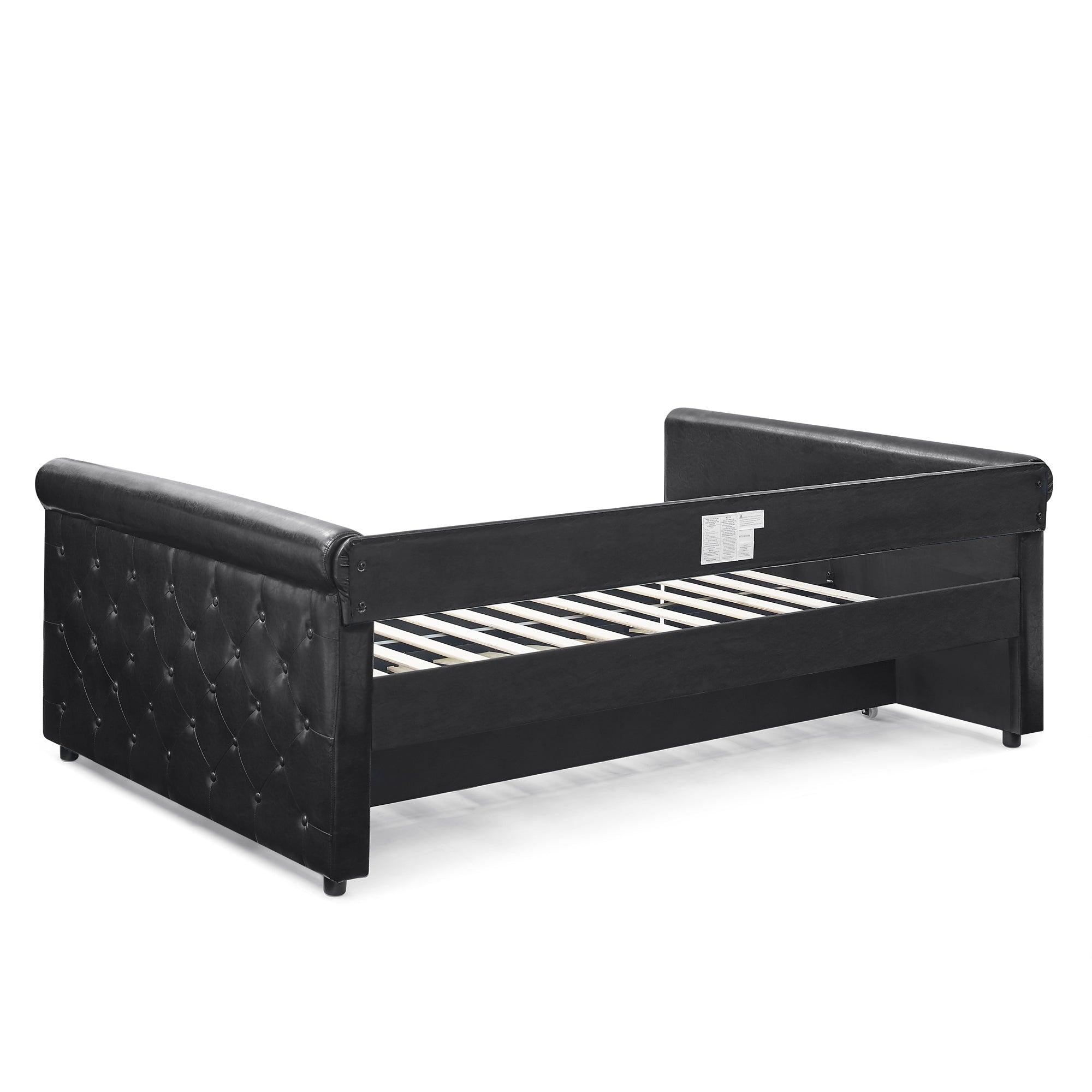 Daybed with Trundle Upholstered Tufted Sofa Bed, with Button and Copper Nail on Arms，Full Daybed & Twin Trundle, PU Black（85.5“x57”x30.5“）