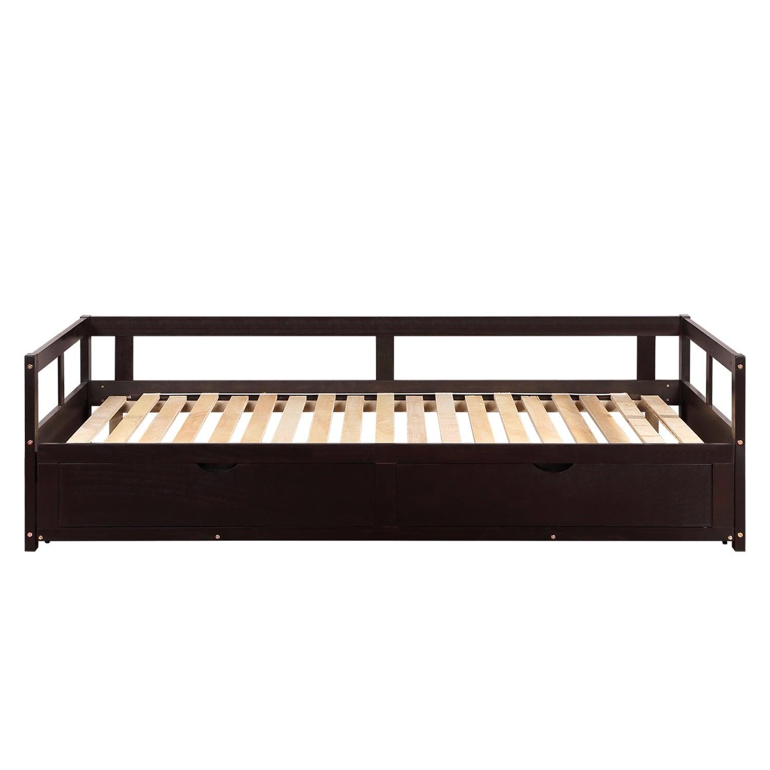 Wooden Daybed with Trundle Bed and TwoStorage Drawers , Extendable Bed Daybed,Sofa Bed for Bedroom Living Room,Espresso