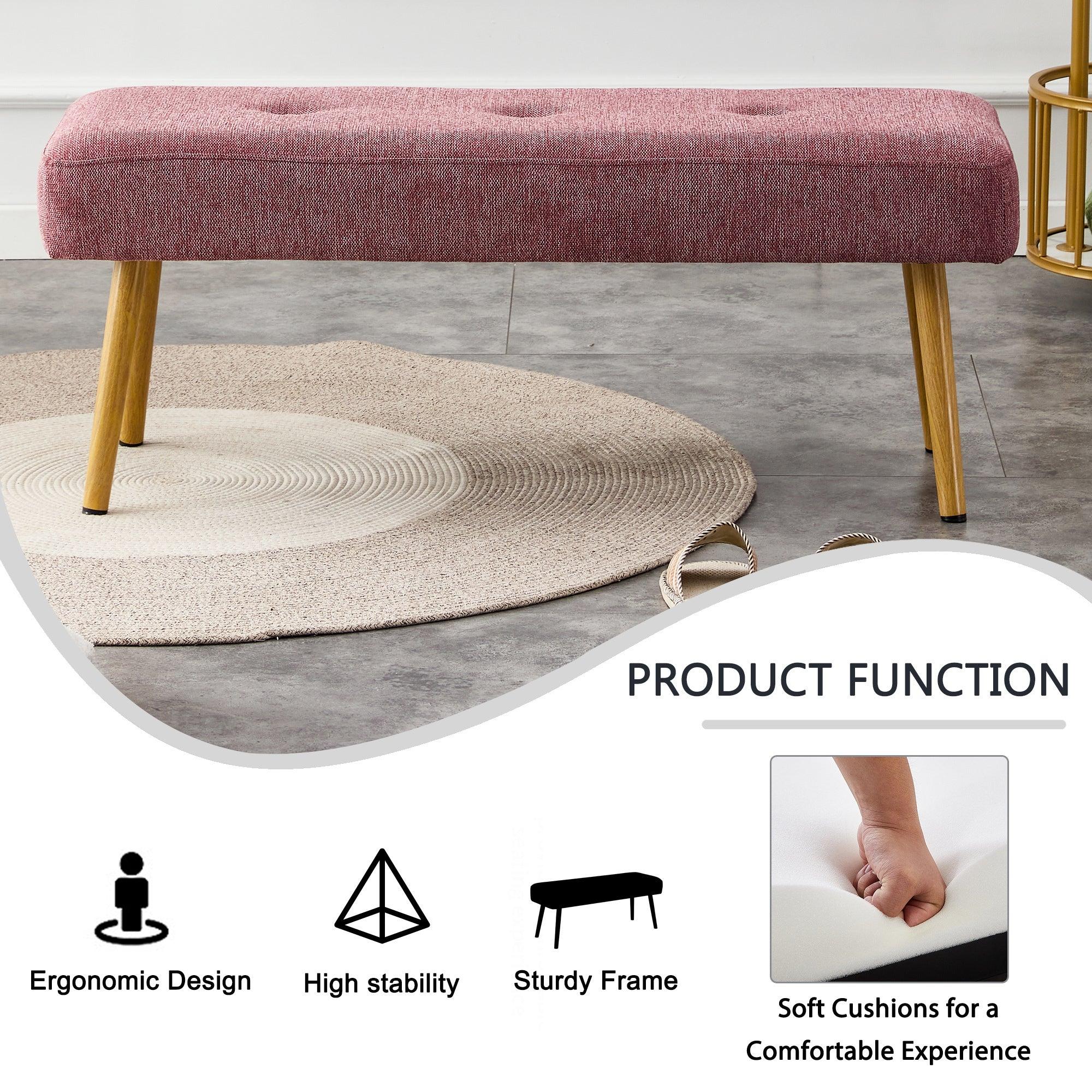 Linen Fabric Upholstered Bench With Gold Metal Legs .Shoe Changing Bench Sofa Bench Dining Chair .for to Bedroom Fitting Room, Store, Dining Room and Living Room.Dark Pink