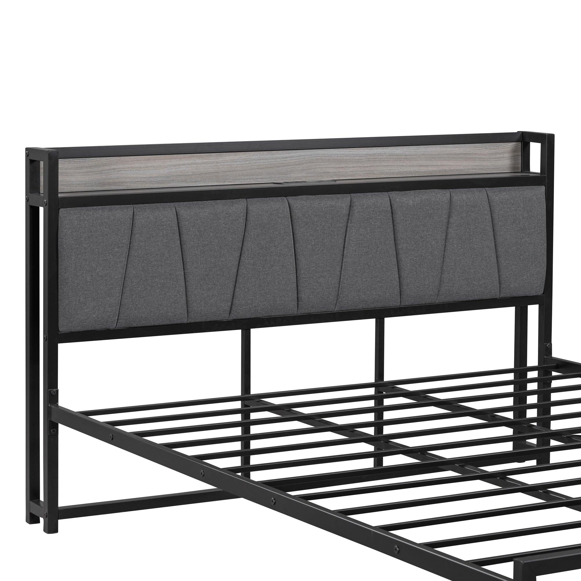 Queen Size Metal Platform Bed Frame with 2 drawers, Upholstered headboard ，Sockets, USB Ports and Slat Support ,No Box Spring Needed，Black