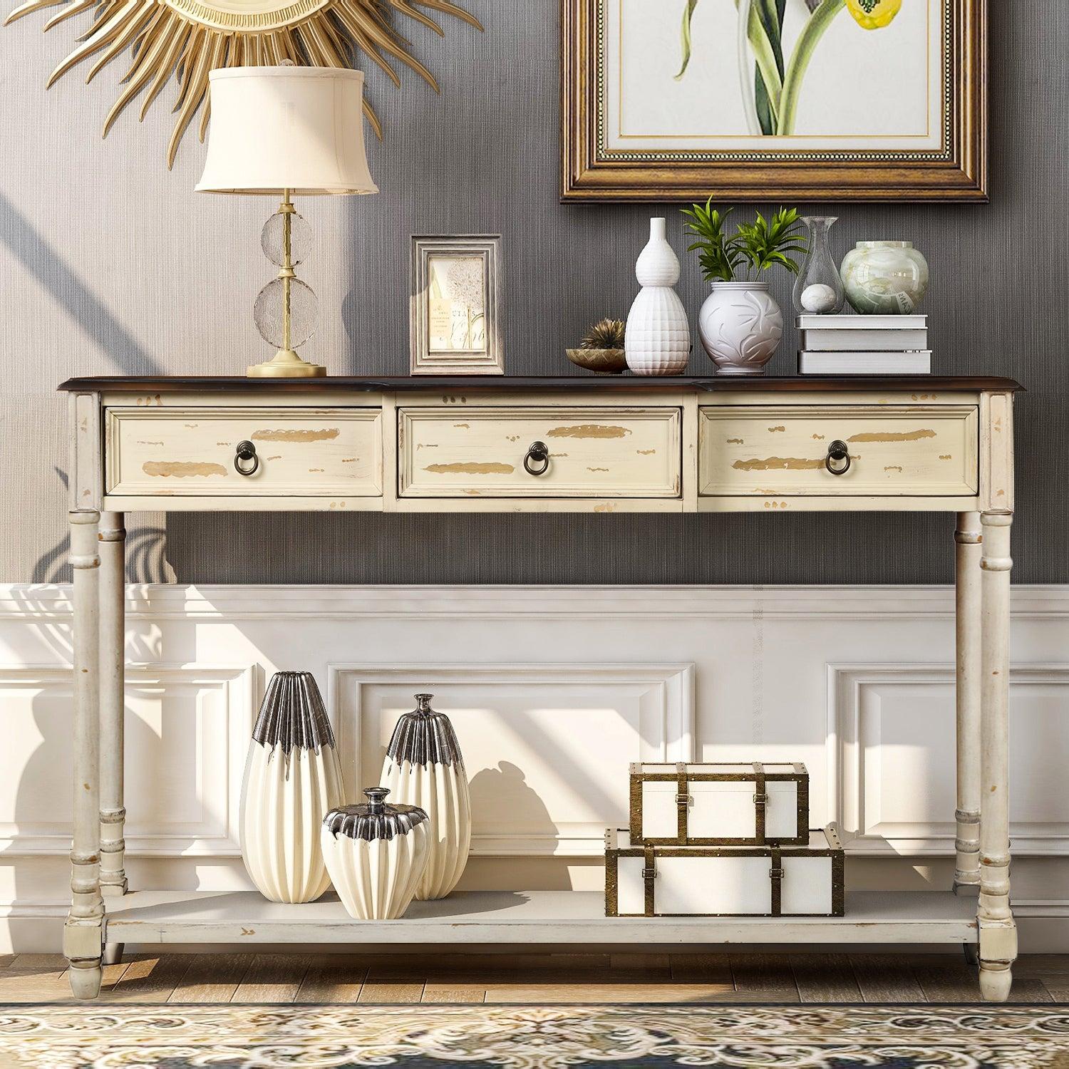 Console Table Sofa Table with Drawers for Entryway with Projecting Drawers and Long Shelf (Beige)