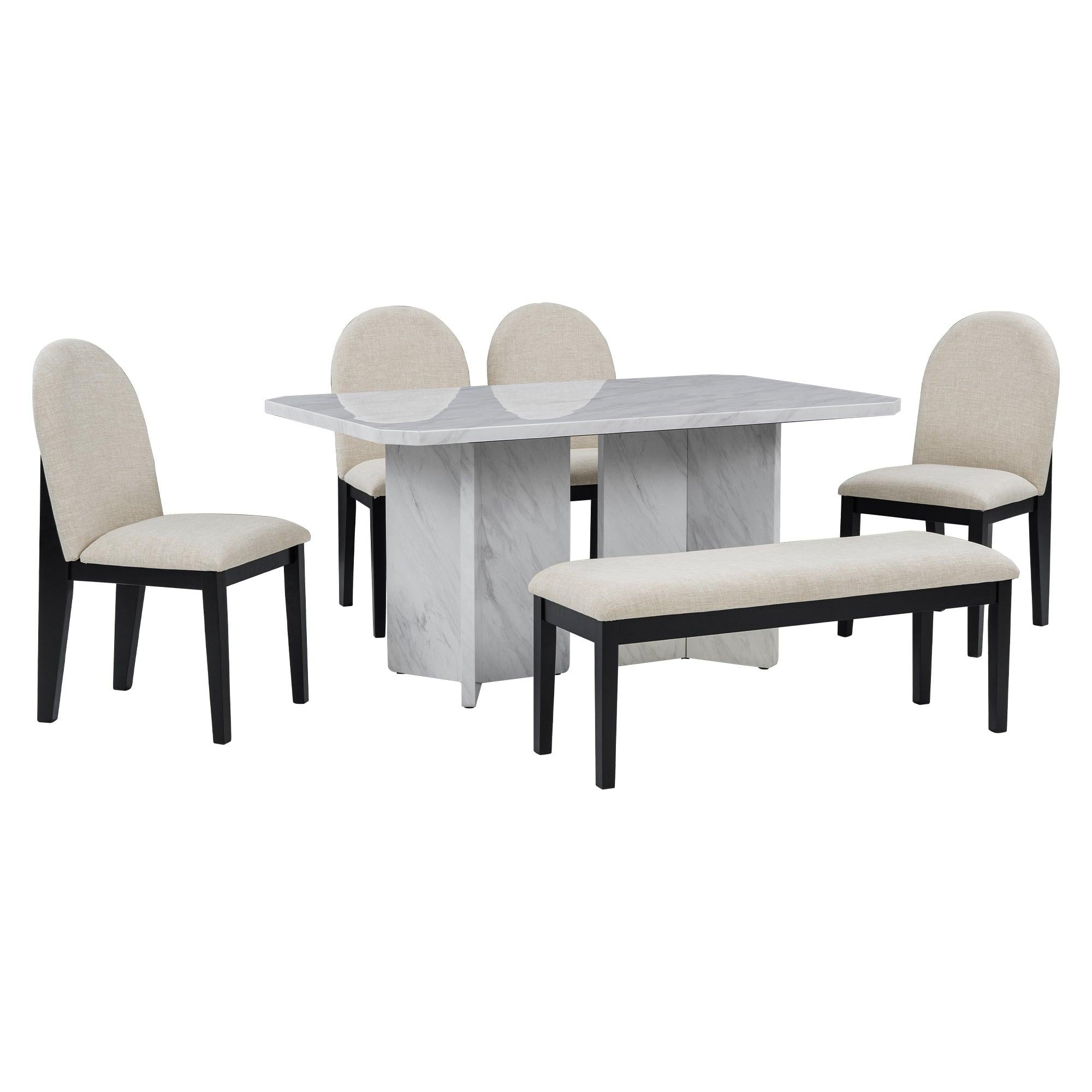 6-PieceModern Style Dining Set with Faux Marble Table and 4 Upholstered Dining Chairs & 1 Bench (White)