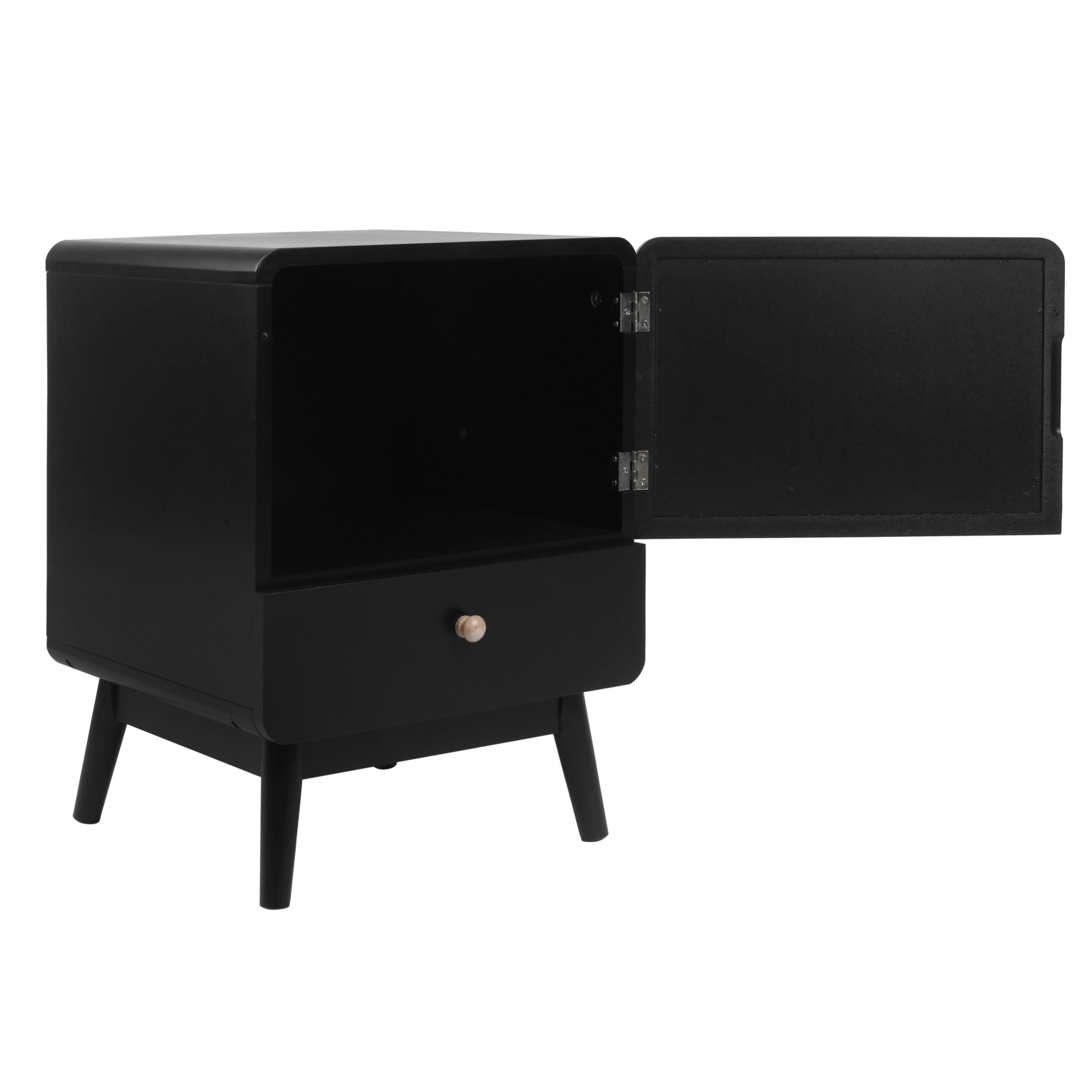 Black Nightstand,  Bedside Table withStorage Drawe/ Rattan Door