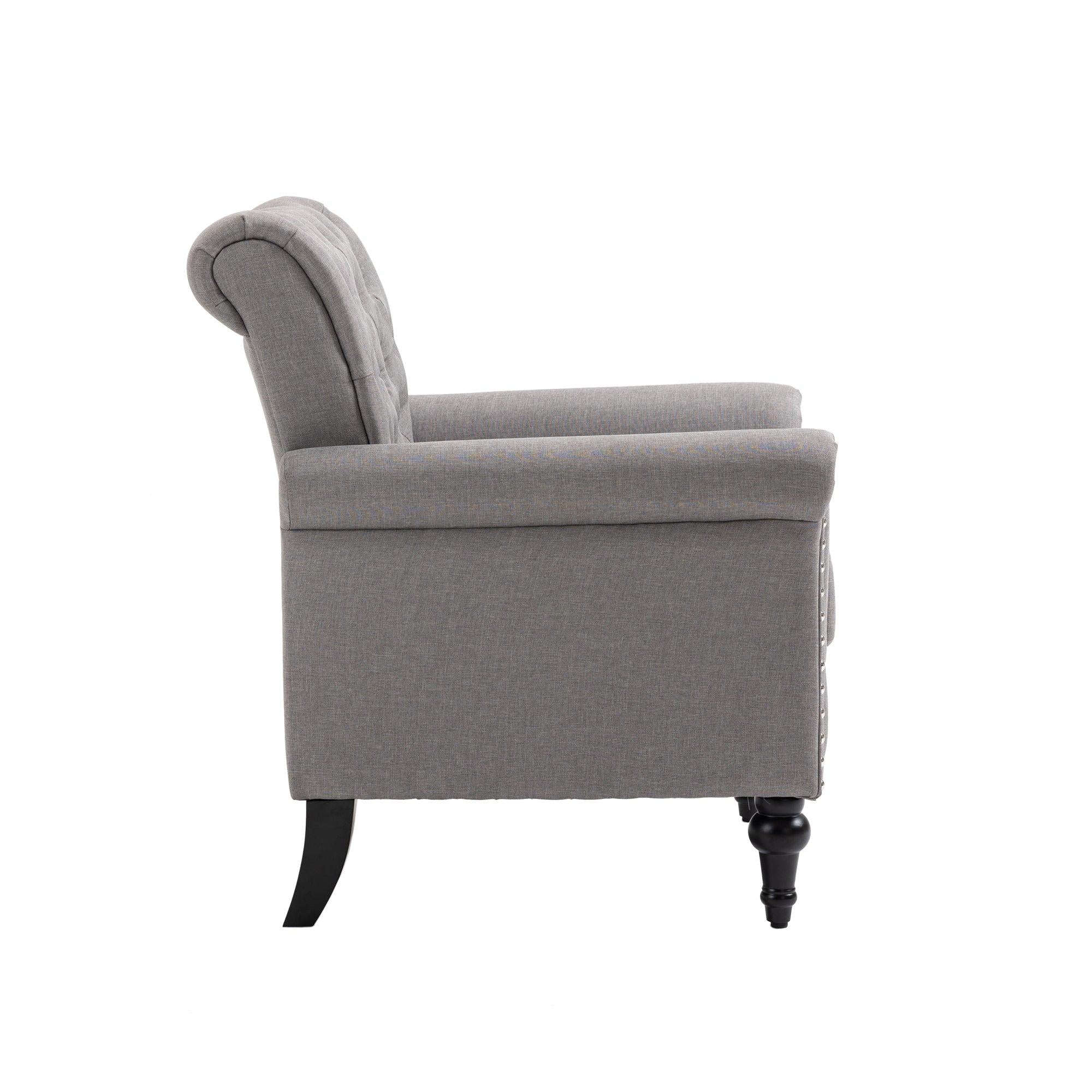 Mid-CenturyModern Accent Chair, Linen Armchair w/Tufted Back/Wood Legs, Upholstered Lounge Arm Chair Single Sofa for Living Room Bedroom, Light grey