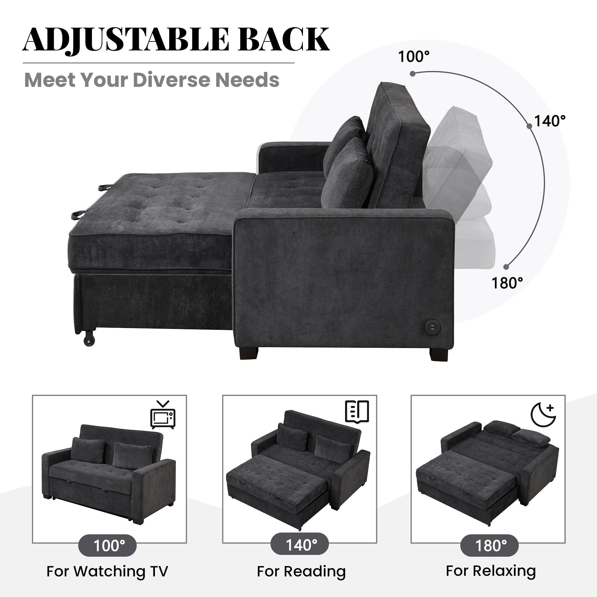 65.7" Linen Upholstered Sleeper Bed , Pull Out Sofa Bed Couch attached two throw pillows,Dual USB Charging Port and Adjustable Backrest for Living Room Space，Black