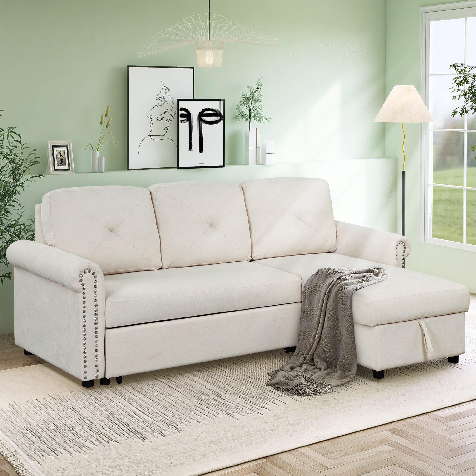 83"Modern Convertible Sleeper Sofa Bed withStorage Chaise,Beige