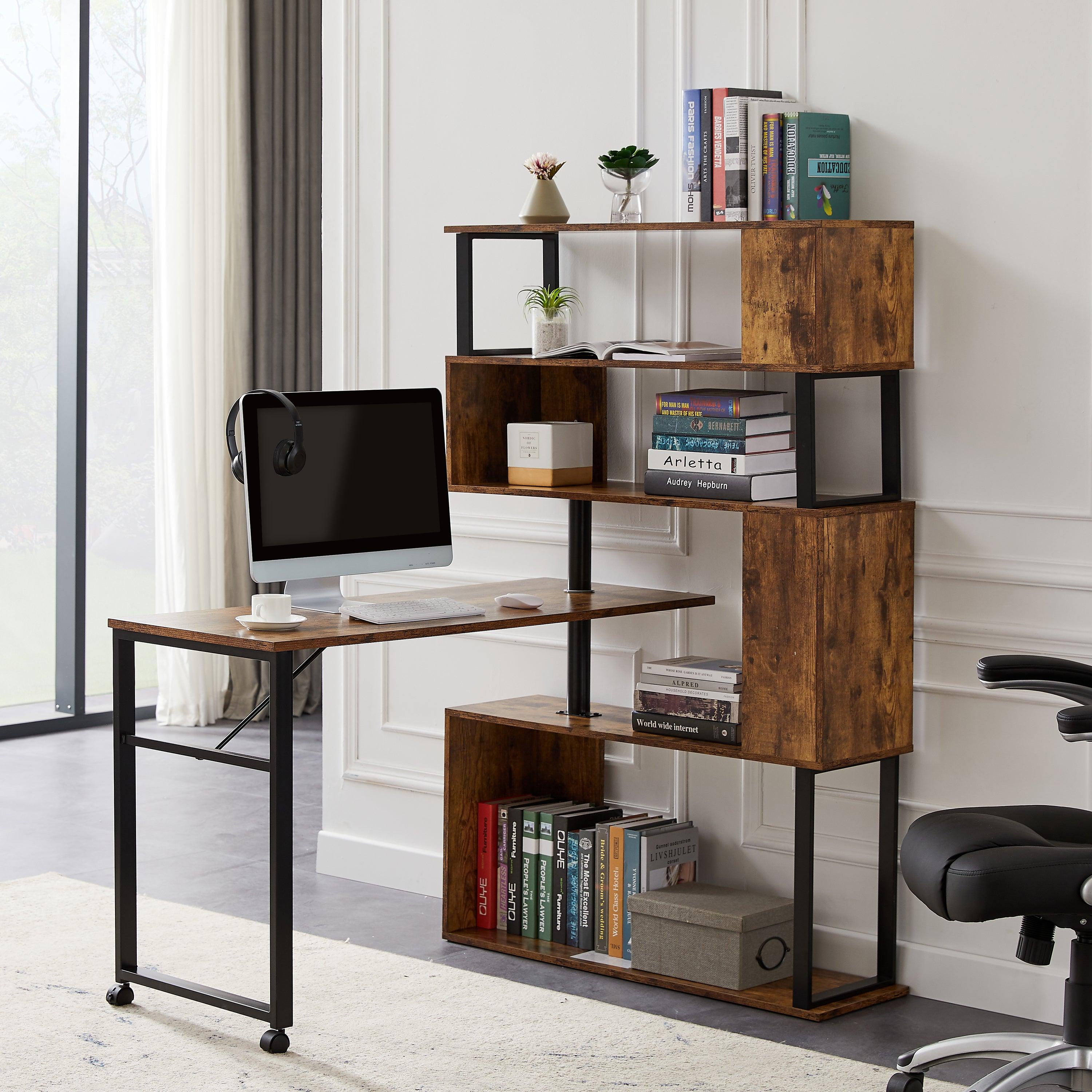 Home Office Computer Desk L-Shaped Corner Table, Rotating Computer Table with 5-Tier Bookshelf, Four Installation Methods, Lockable Casters (Tiger)