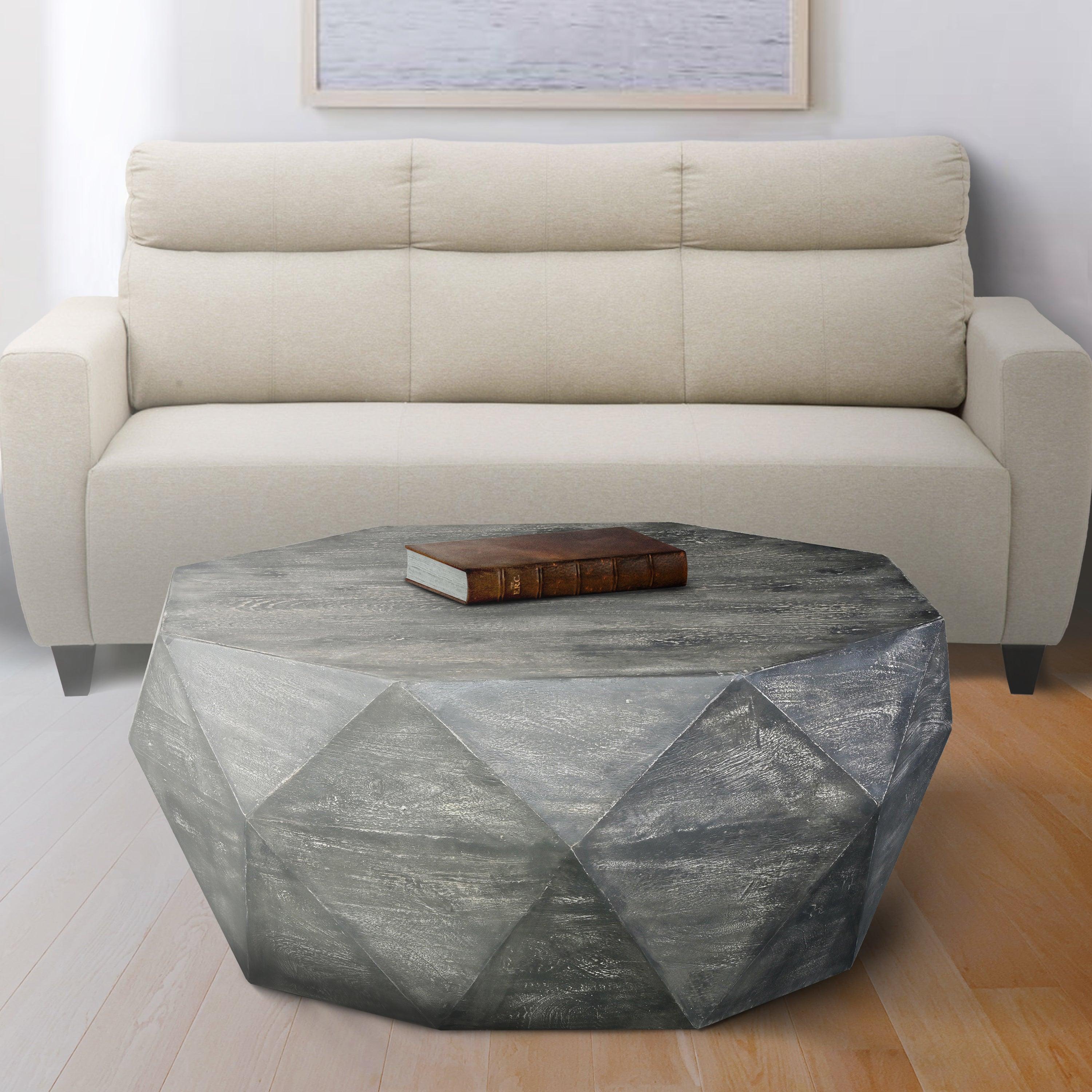 Ashton 34 Inch Handcrafted ManWood Coffee Table, Faceted Diamond Design, Drum Shape, Rustic Gray