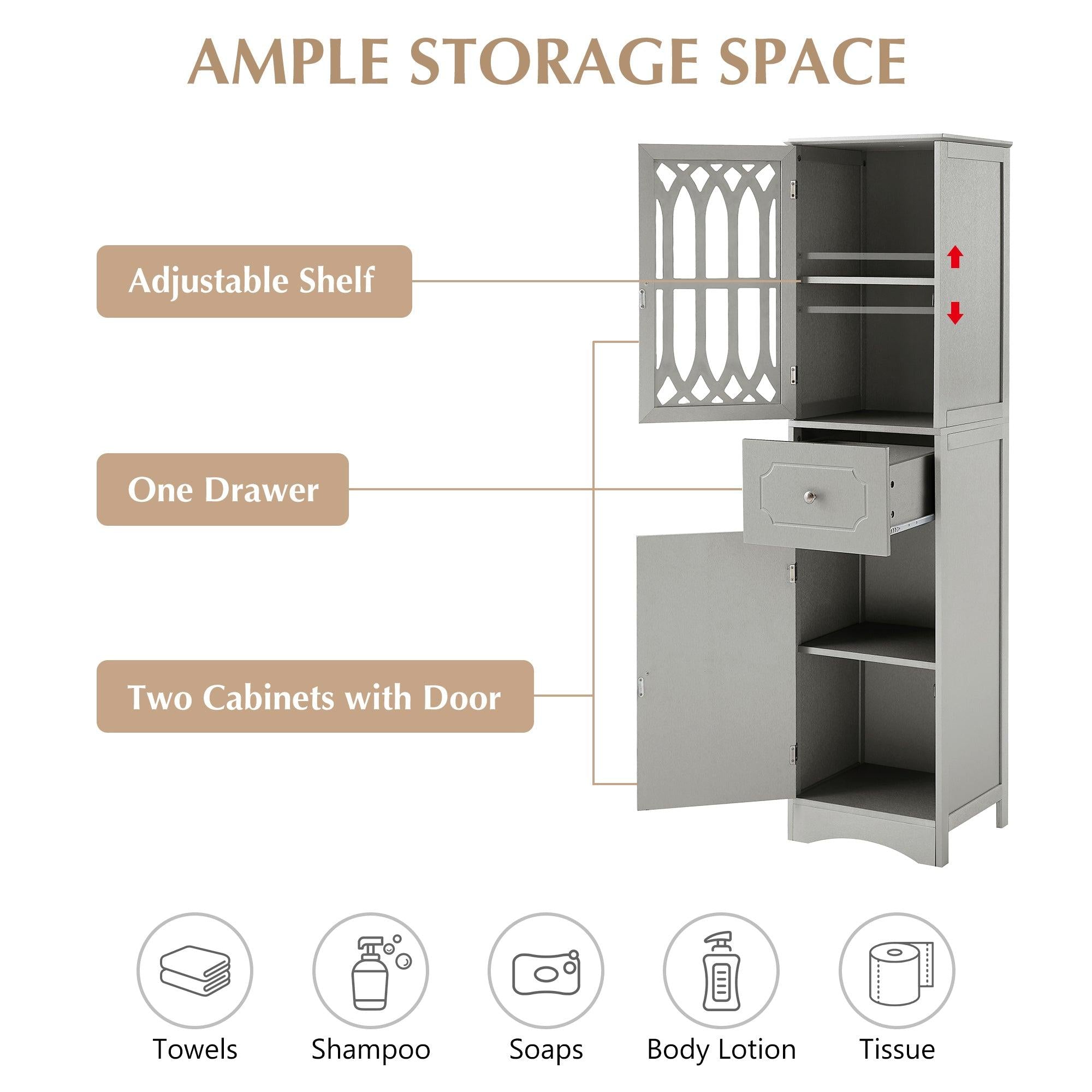 Tall Bathroom Cabinet, FreestandingStorage Cabinet with Drawer and Doors, MDF Board, Acrylic Door, Adjustable Shelf, Grey