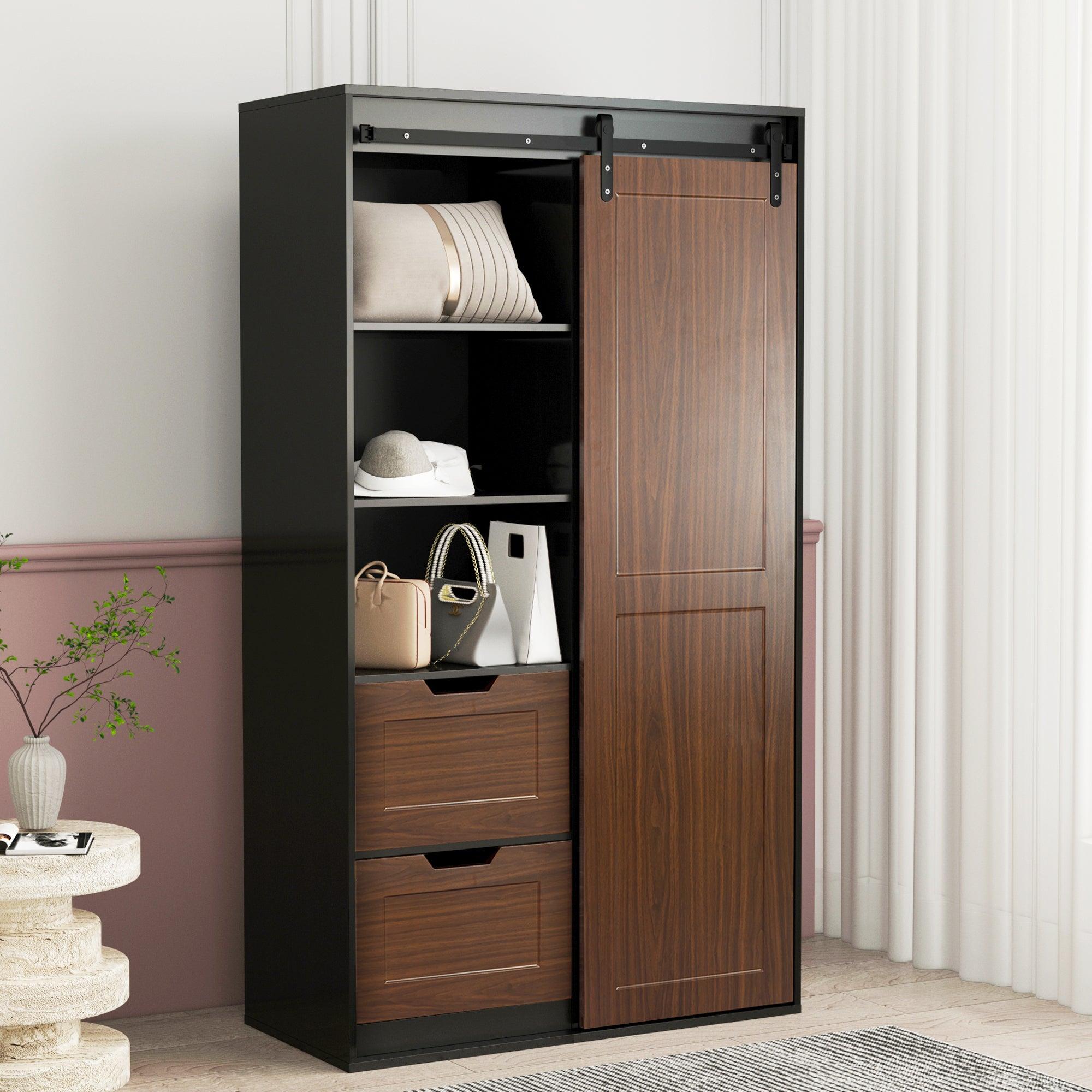 71-inch High wardrobe and cabinet , Clothes Locker，classic sliding barn door armoire, lockers, for bedrooms, cloakrooms, living rooms, color: black +brown