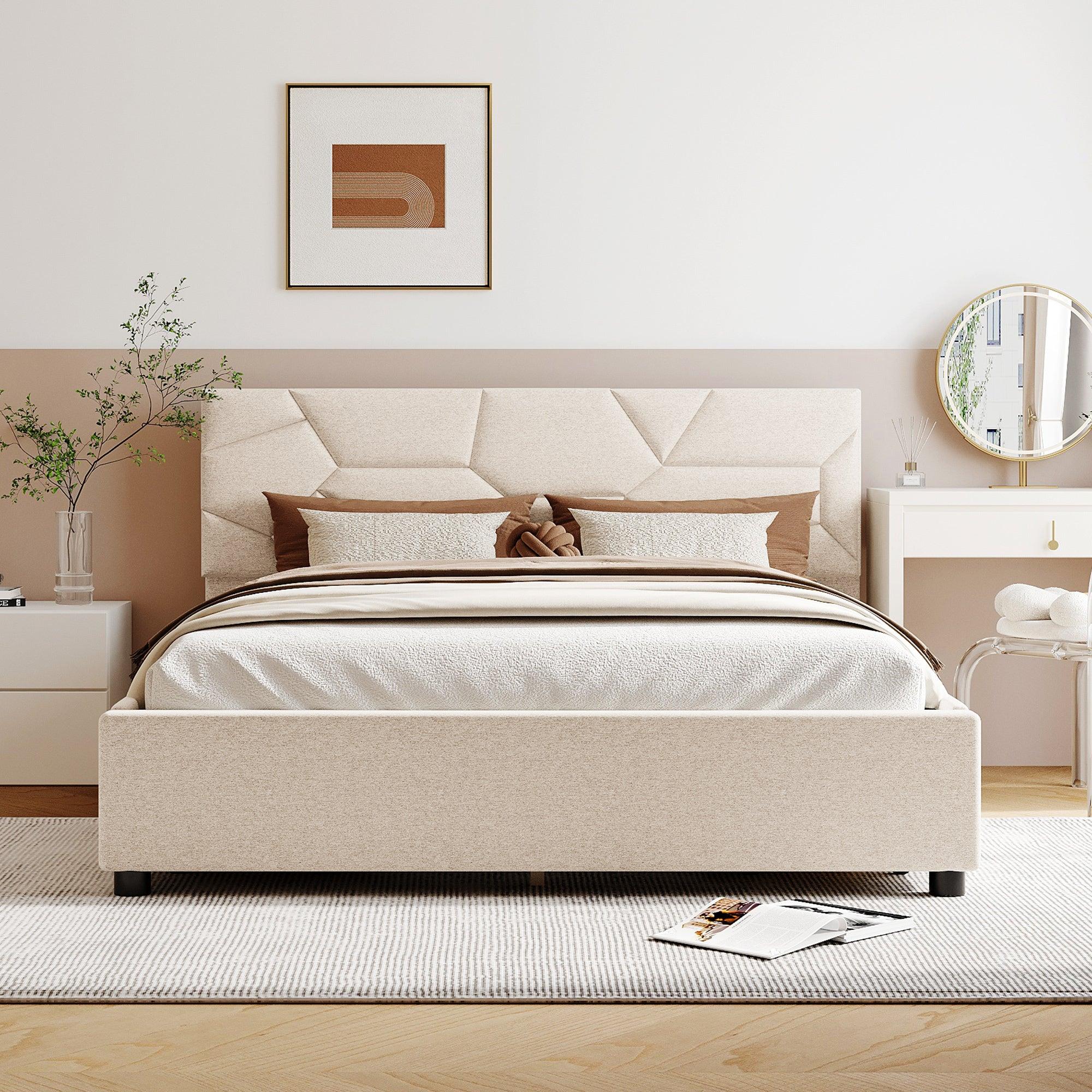 Queen Size Upholstered Platform Bed with Brick Pattern Heardboard and 4 Drawers, Linen Fabric, Beige