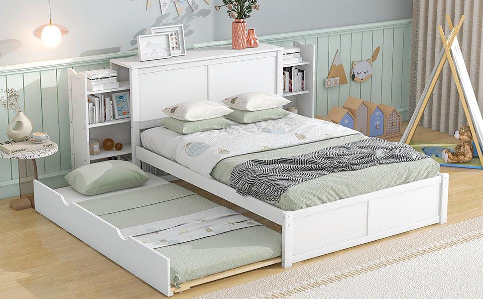 Full SizeStorage Platform Bed with Pull Out Shelves and Twin Size Trundle, White