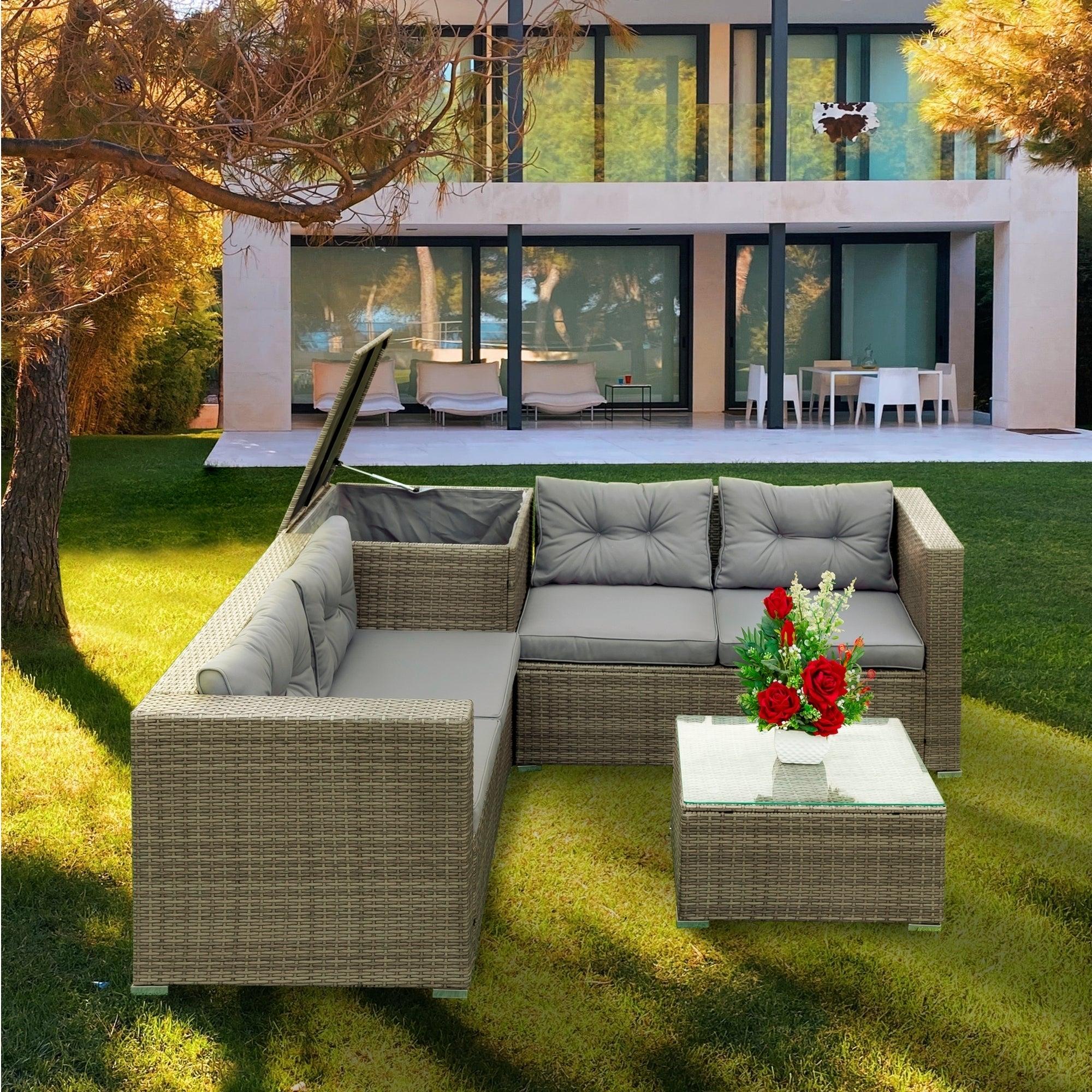 4 Piece Patio Sectional Wicker Rattan Outdoor Furniture Sofa Set withStorage Box Grey