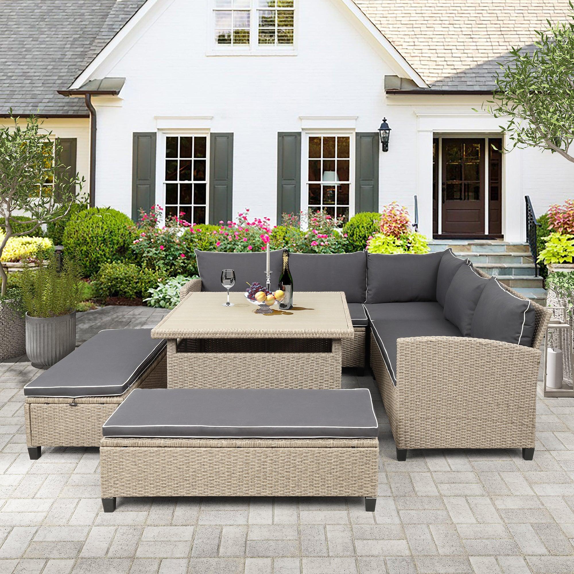 6-Piece Patio Furniture Set Outdoor Wicker Rattan Sectional Sofa with Table and Benches for Backyard, Garden, Poolside