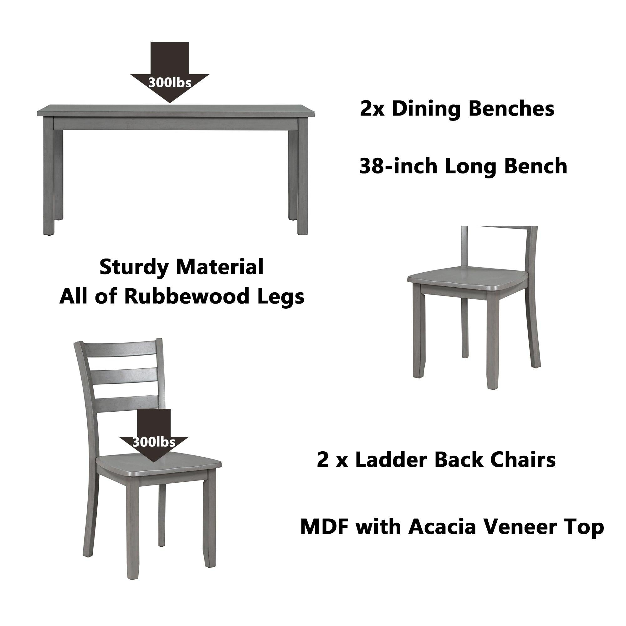 5-piece Wooden Dining Set, Kitchen Table with 2 Dining Chairs and 2 Benches, Farmhouse Rustic Style, Gray