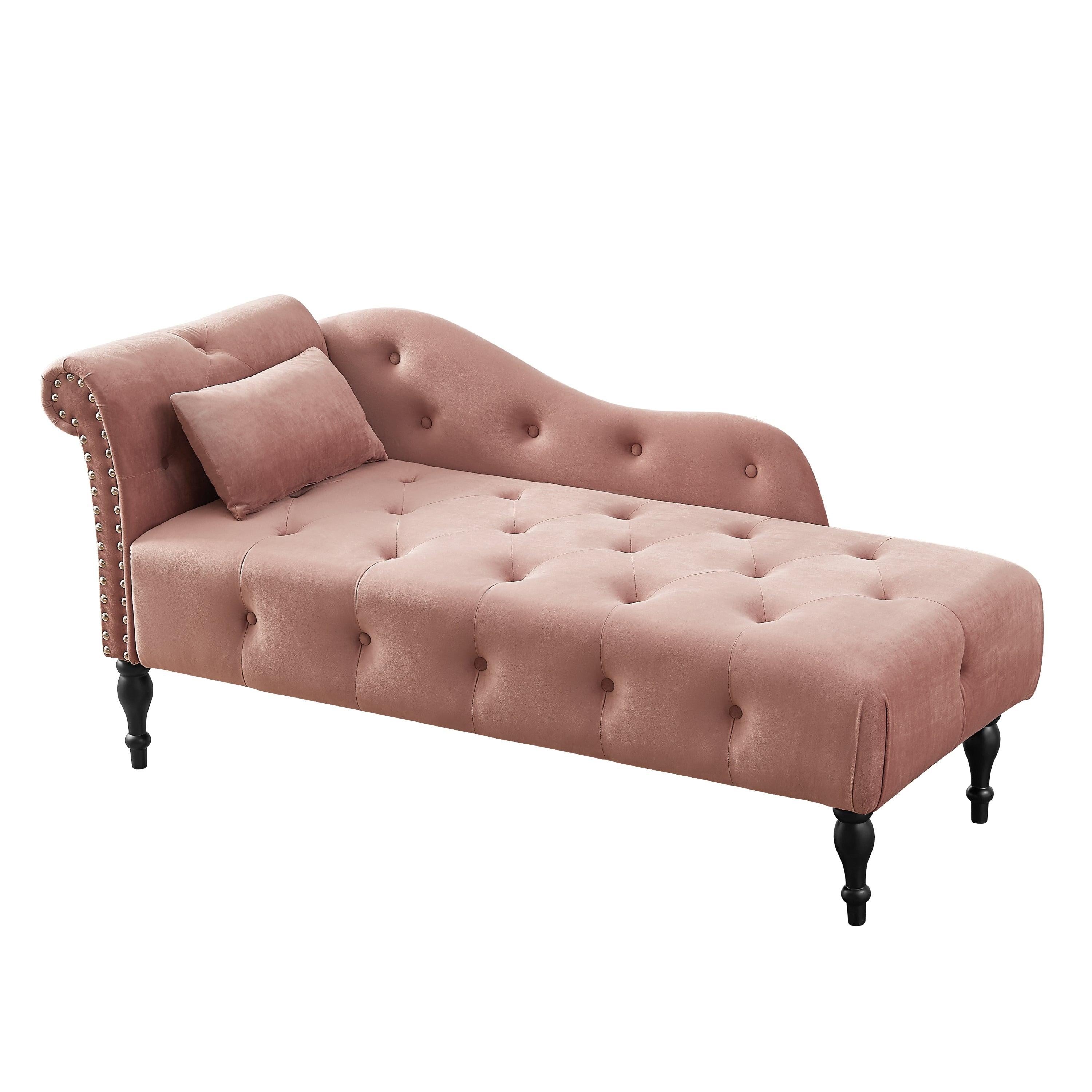 60.6" Velvet Chaise Lounge Buttons Tufted Nailhead Trimmed Solid Wood Legs with 1 Pillow,Rose